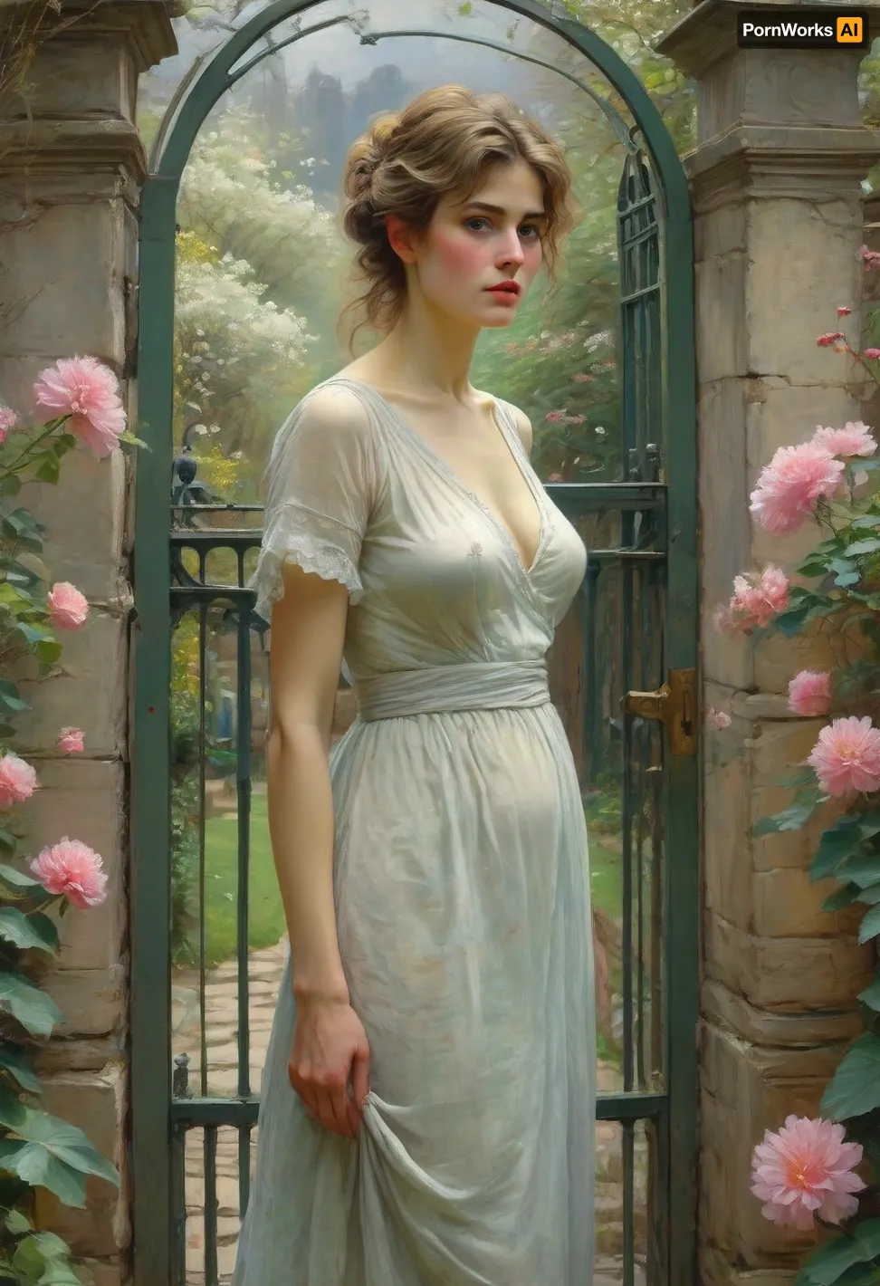 Theodore Robinson Style, In this Impressionist painting by Frederick Hassam, in spring of an ancient garden with closed gate, closeup of a naked mature milf woman, looking sad with beautiful features, in this impressionistic painting by Frederick Hassam, high-definition, Midjourney, MJ, style, poster, manga, anime, but, <lora:Theodore Robinson Style:1.4>, <lora:Midjourney_style:1>, <lora:BUT_SDXL_SHS:1.3>