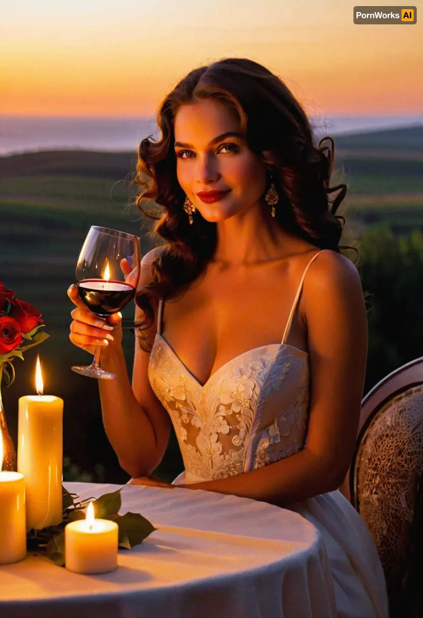 # Weekly Event 66, "A Romantic Evening with a Glass of Wine" 👩🏻‍🦱 🍷 *Get into the spirit of romance with our new challenge dedicated to the "Romantic Evening with a Glass of Wine". The main character of this evening is a beautiful girl, surrounded by the soft glow of candles and a cozy atmosphere. Imagine an elegant table with a snow-white tablecloth, decorated with luxurious flowers, a shimmering glass of red wine sparkling in the rays of the sunset. She radiates elegance and tenderness, long curls frame her face, and an enigmatic smile promises unforgettable moments. Use this inspiration to create stunning works of art that convey the essence of romance and the magic of the evening