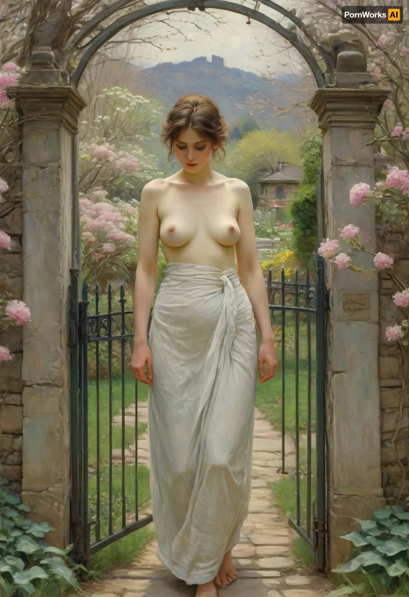 Theodore Robinson Style, In this Impressionist painting by Frederick Hassam, in spring of an ancient garden with closed gate, closeup of a naked mature milf woman, looking sad with beautiful features, in this impressionistic painting by Frederick Hassam, high-definition, Midjourney, MJ, style, poster, manga, anime, <lora:Theodore Robinson Style:1.4>, <lora:Midjourney_style:1>