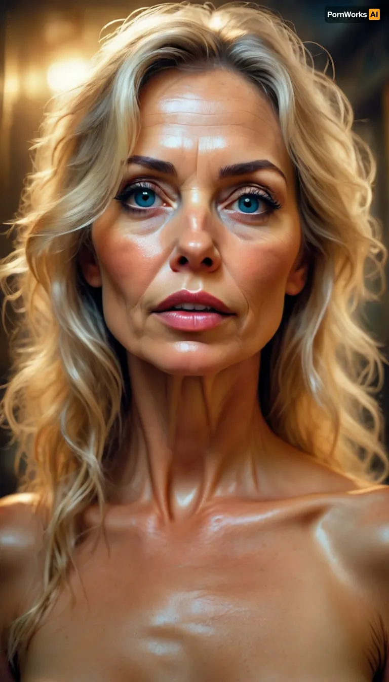 ultrawide-angle graphic half-body portrait, ultrasexy nude mature lightblonde woman, 55 years old, very narrow ascetic face, Midjourney, MJ, style, poster, but, <lora:Midjourney_style:2>, <lora:BUT_SDXL_SHS:.5>, <lora:street_tones:2>