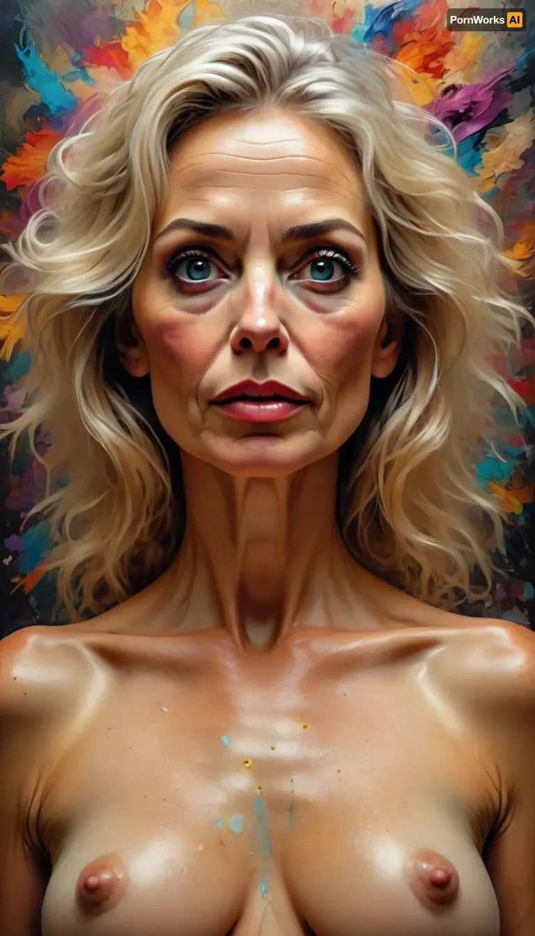 ultrawide-angle graphic half-body portrait, ultrasexy nude mature lightblonde woman, 55 years old, very narrow ascetic face, Midjourney, MJ, style, poster, but, <lora:Midjourney_style:2>, <lora:BUT_SDXL_SHS:.9>, <lora:street_tones:2>