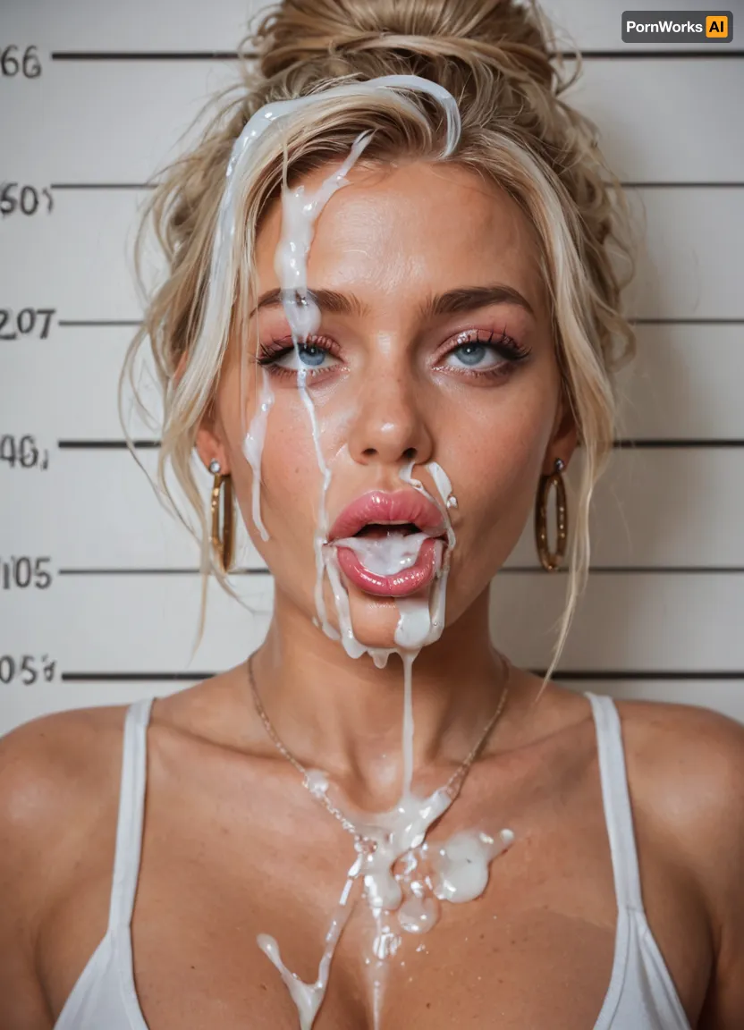 score_9, score_8_up, score_7_up, score_6_up, 1girl, MILF, bimbo, whore, slut, slutty face, blond hair, hair is tied in a bun, lush hair, pink lipstick, large lips, duck lips, perfect face, detailed, ahegao, (rolling eyes), tongue, excessive cum, mugshot, front view, cum on hair, clothed, white highlights