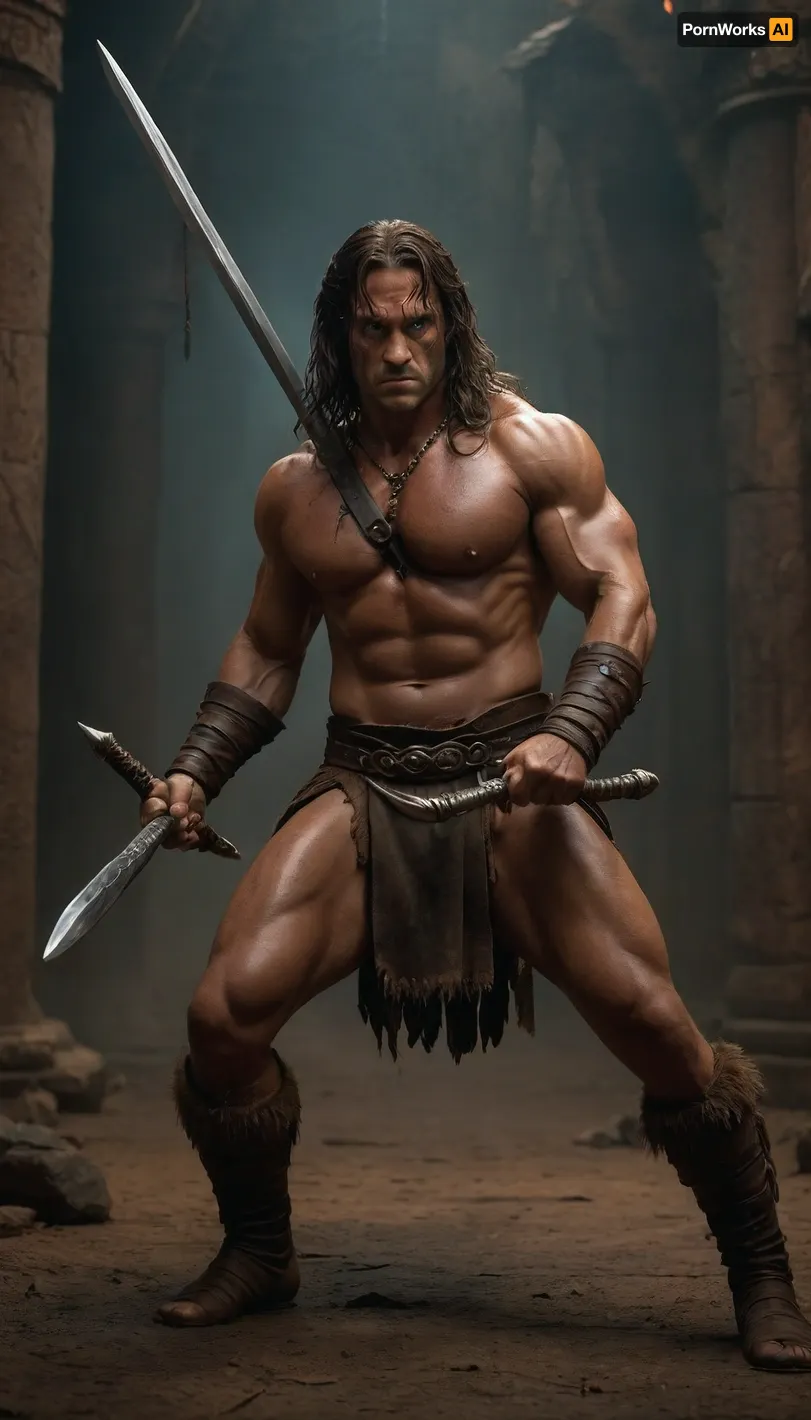 uber realistic image, fullcolor image, full body view, 8K quality, ultra detailed, masterpiece, Conan the Barbarian, swinging his sword.