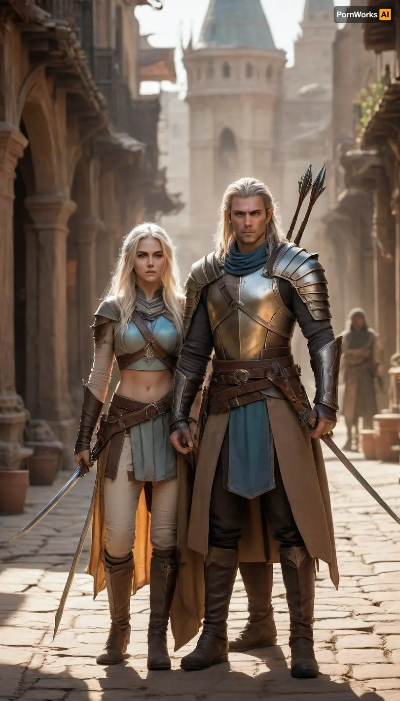 tall and lean male high elf rogue-fighter with sun-bleached hair and piercing ice-blue eyes, and a cunning female elf rogue with sun-kissed skin, copper-streaked dark hair, and sharp amber eyes, both clad in lightweight leather armor in muted desert tones. They move in perfect unspoken coordination through the shadows of a sandstone alley, Elandros with a finely crafted longbow and black-fletched arrows, the rogue with a curved Kathiri dagger in hand. Dust swirls in the hot evening wind as golden light spills across the domes and minarets of the bustling market district behind them, the air thick with spice and tension, ultra-realistic cinematic fantasy art