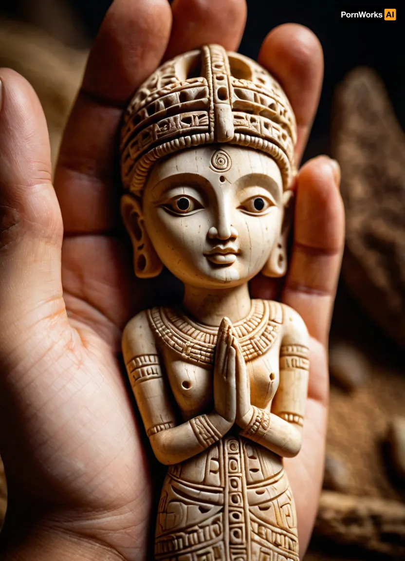 a macro photo of a Neolithic goddes figurine carved from bone in the palm of a primitive human, close-up shot, det'ailed hands