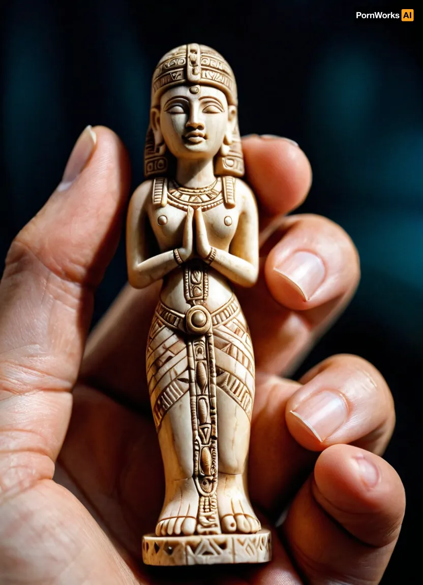 a macro photo of a Neolithic goddes figurine carved from bone in the palm of a primitive human, close-up shot, handslora, <lora:590198_training_data:.8>