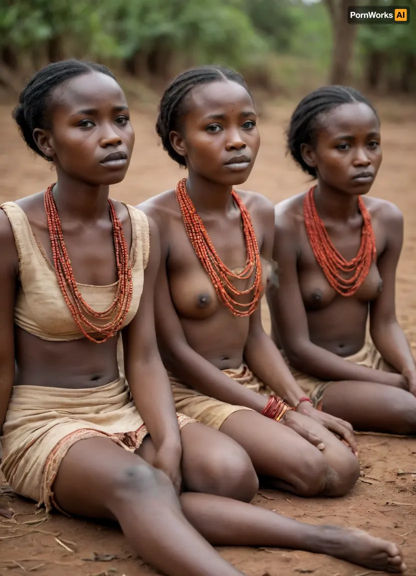 3 young native Women of Ruanda, traditional cloth, flashing, tiny tits, tear drop tits, creaping on all fourth, on the ground, head on ground
