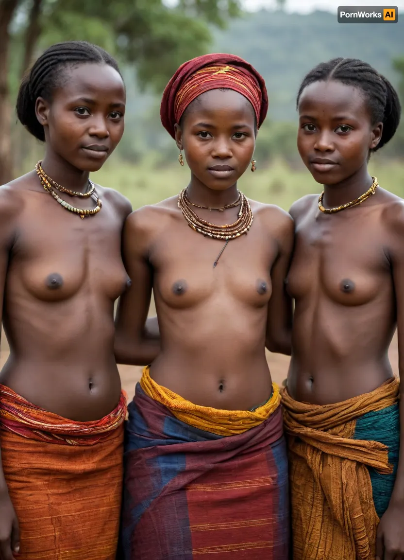 3 young native Women of Ruanda, traditional cloth, flashing, tiny tits, tities, small tits