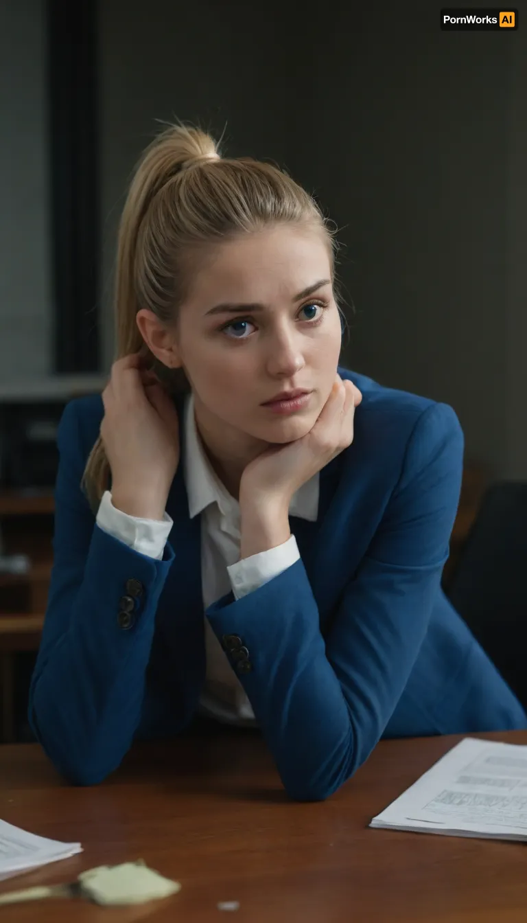 a girl with blonde hair, with her hair pulled back in a ponytail, very tall, slender, (fully clothed:1.5), in blue trousers, a blue jacket and a white blouse, stands at the table, leaning forward and leaning on it with her elbows, palms on the table, head lying cheek on the table, in In the office, she is very scared and nervous because she made a mistake in calculations and understands that now she will be scolded. The camera captures her from behind, ((view rear:1.6))