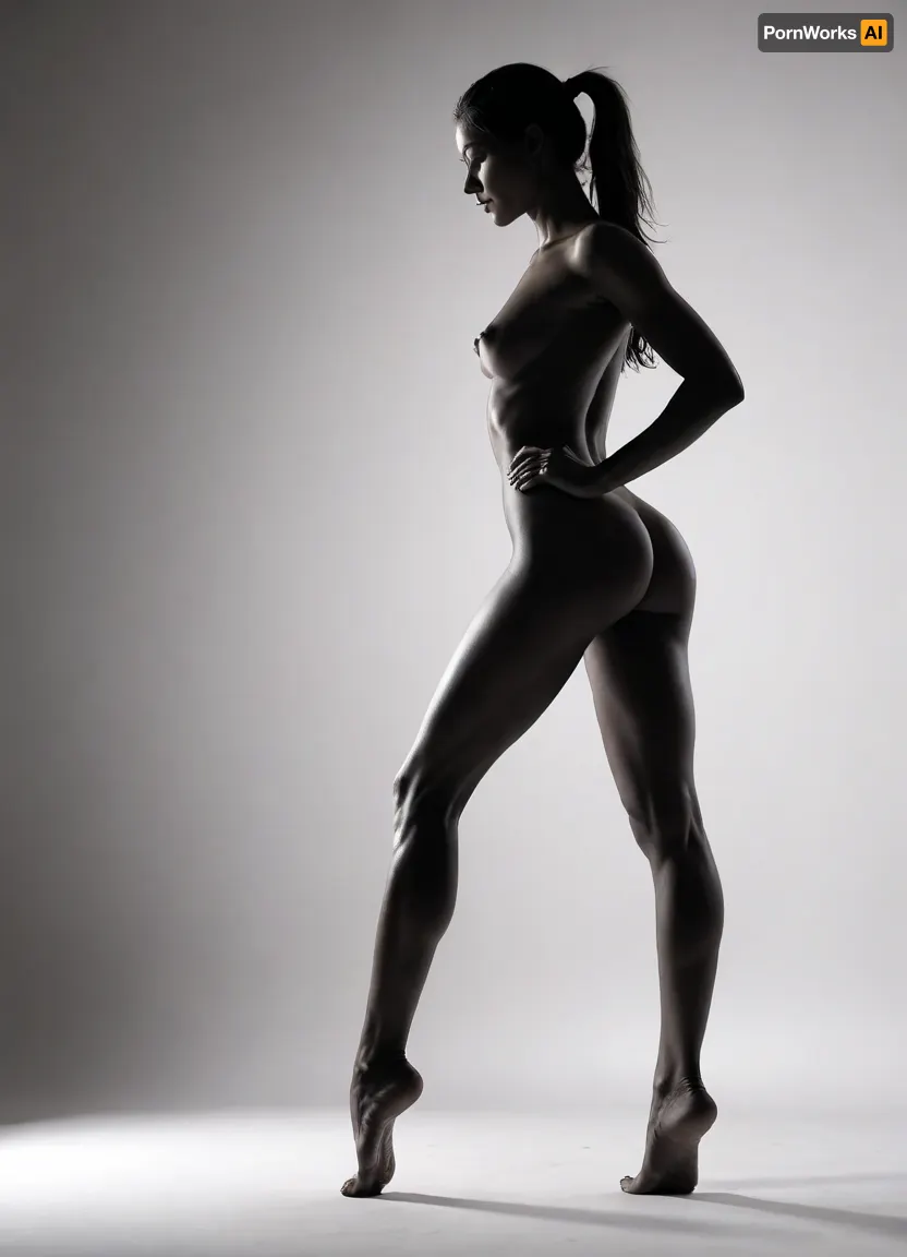 Black silhouette if slender woman on a bright background, pure white background, perfect sexy legs, muscular hips, big muscular ass, side view