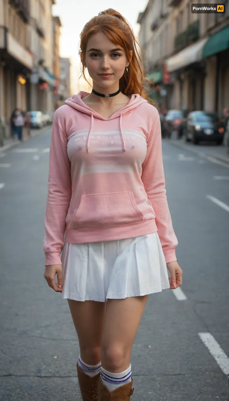masterpiece, ultra-HD, 8k, usnr, best quality, cinematic lighting, (dramatic lighting), photorealistic, high detail, stunningly artwork, impressionism, (1.5), depth of field, shallow DOF, erotic and aesthetic, (incredibly detailed:1.2), realistic eyes, beautiful eyes, detailed pupils, 1girl, Beautiful girl, adult, nami_, (one_piece), ((ginger girl)), orange hair, long hair, blue eyes, ponytail hair, 25 years old, freckles, body freckles, blush, light smile, seductive smile, hand in hair, wind, hair in the wind, walking, perfect round breasts, medium perky breasts, jewelry, earrings, choker, (Pink hoodie, oversized hoodie, close-fitting hoodie, white skirt, split pleated skirt, mini skirt, long high-socks, see-through striped shirt, down blouse, Lita boots), Street, at noon, sun tray, cobbled street, Eiffel tower, Parisian street, cinematic 35mm lens
