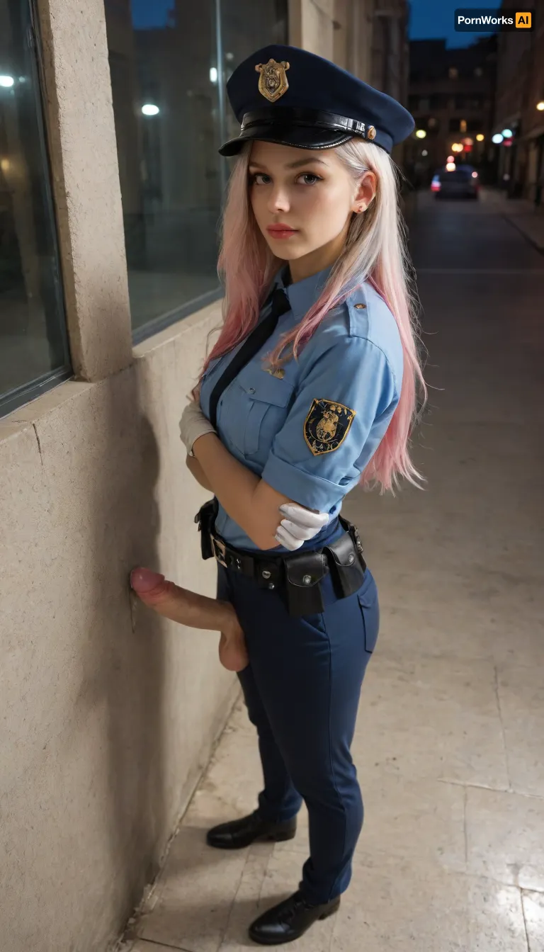 masterpiece, best quality, highres, absurdres, very awa, 1girl, solo, long hair, multicolored hair, black hair, white hair, pink hair, blue hair, ear piercing, lip piercing, policewoman, police uniform, collared shirt, white shirt, police hat, peaked cap, outdoors, sky, night, shadow, scenery, reflection, reflective floor, building, against wall, from side, crossed arms, pink eyes, pants, blue pants, belt, belt pouch, white gloves, jacket, blue jacket, from above, full body, looking at viewer, futanari, mastrubation, erect penis, hard penis, sagging testicles, veiny cock, leaking precum, throbbing cock