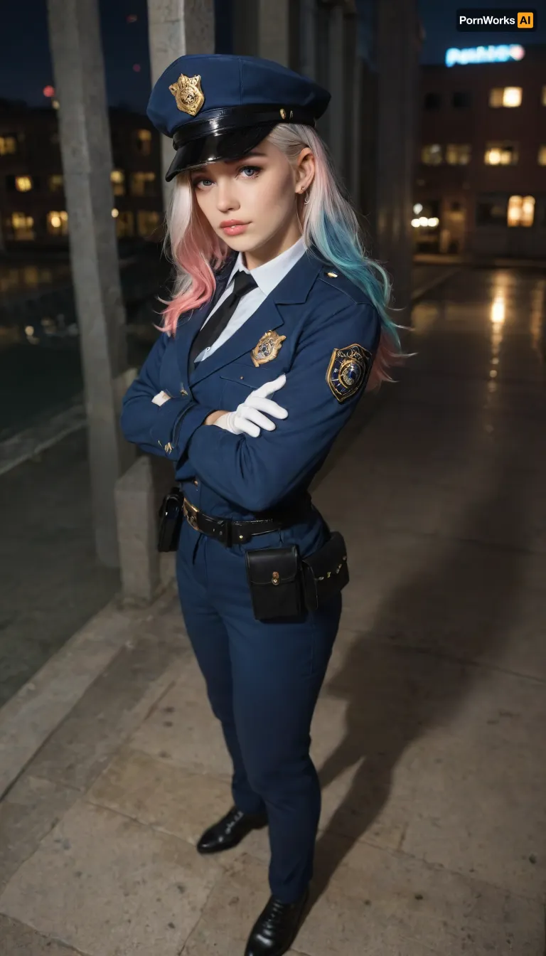 masterpiece, best quality, highres, absurdres, very awa, 1girl, solo, long hair, multicolored hair, black hair, white hair, pink hair, blue hair, ear piercing, lip piercing, policewoman, police uniform, collared shirt, white shirt, police hat, peaked cap, outdoors, sky, night, shadow, scenery, reflection, reflective floor, building, against wall, from side, crossed arms, pink eyes, pants, blue pants, belt, belt pouch, white gloves, jacket, blue jacket, from above, full body, looking at viewer