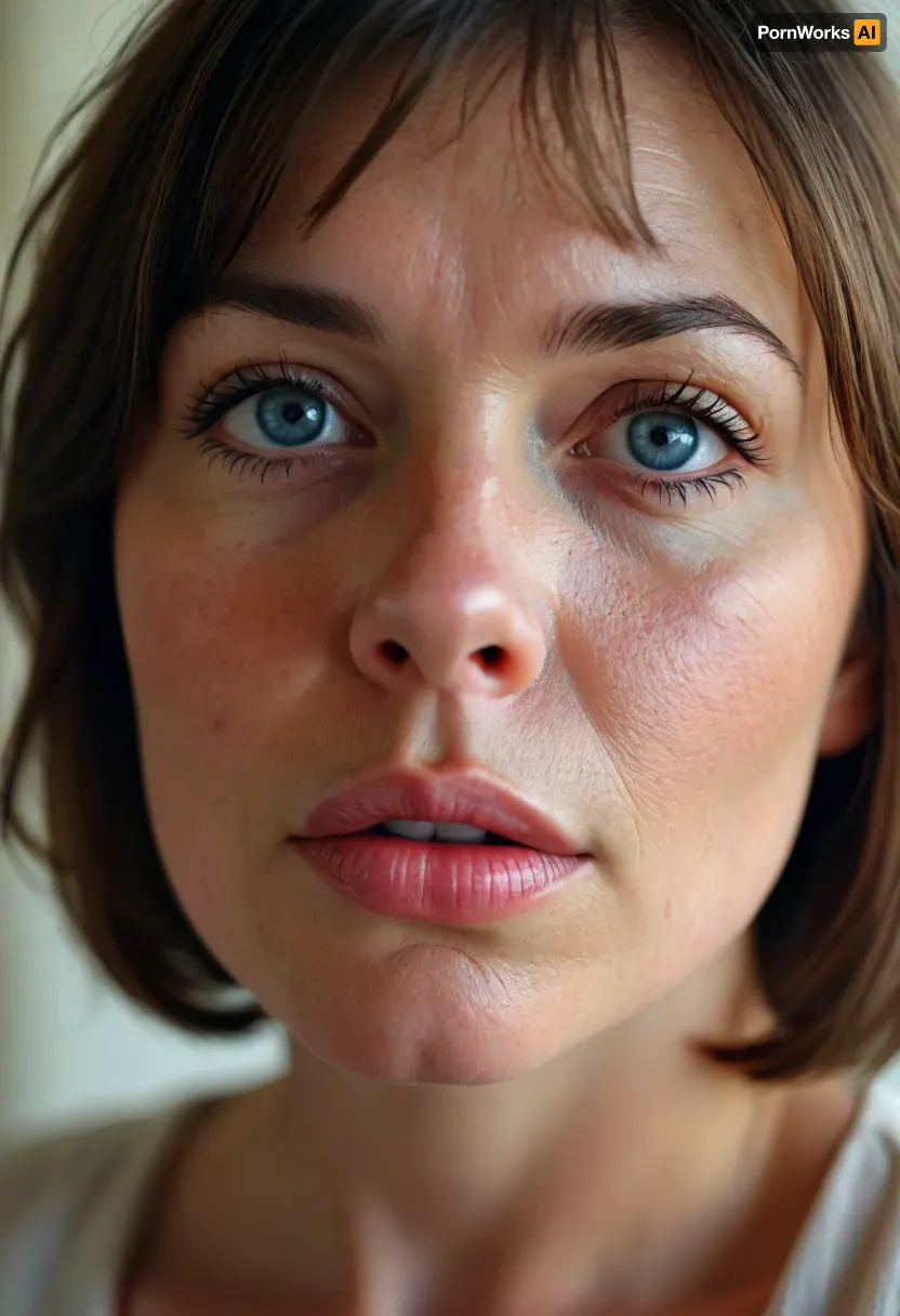 1girl, average height, french, bob cut brunette hair, 55 years old, thin, chubby, solo, blue eyes, perfect eyes, realistic, wrinkles, lick her lips by her tongue, <lora:MJ52:.8>