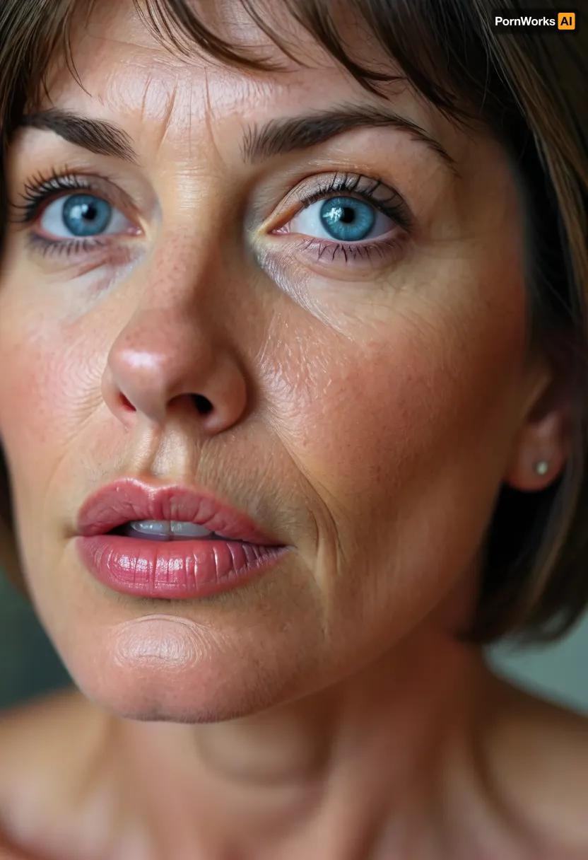 Milf, average height, french, bob cut brunette hair, 55 years old, thin, chubby, solo, blue eyes, perfect eyes, realistic, wrinkles, lick her lips by her tongue, <lora:MJ52:.8>