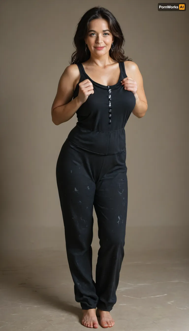 60 year old, (mature:1.4), curvy, petite, beautiful sexy saggy mature milf, long hair, dark hair with highlights, very curvy, thick, plump, wide hips, waist, sexy saggy milf, 1960s, strong eyebrows, realistic photo, smiling, beautiful, skin pores, eyelashes, textured skin, highly realistic skin, wide areolae and big puffy erect nipples, ambient occlusion, model shoot, masterpiece, (sleeveless black pajamas:1.3), (full body portrait), but, sagging, stretch, marks, <lora:MJ52:.3>, <lora:BUT_SDXL_SHS:.8>