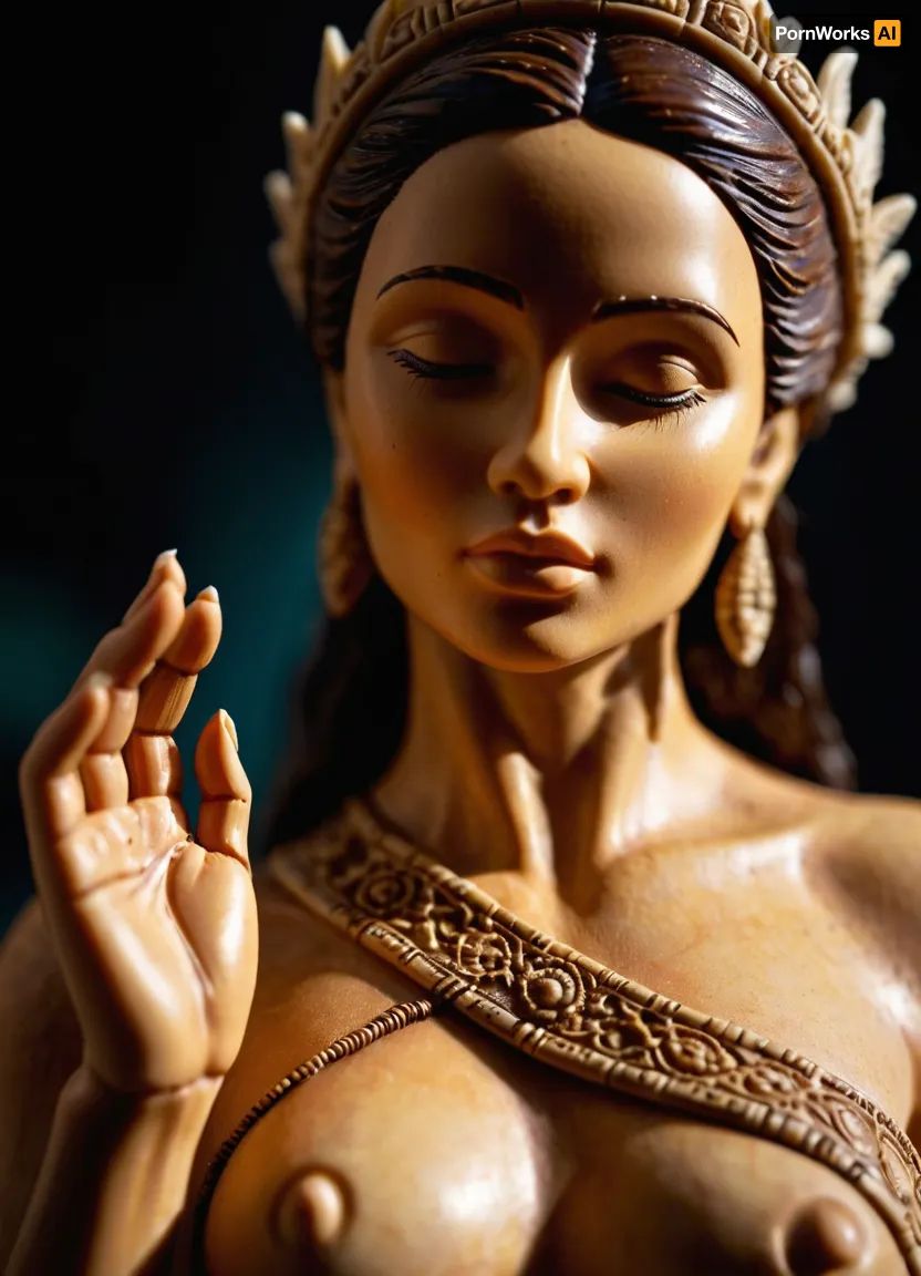 a macro photo of a sexy female goddes figurine carved from bone in the realistic detailed palm of a primitive human, close-up shot detail