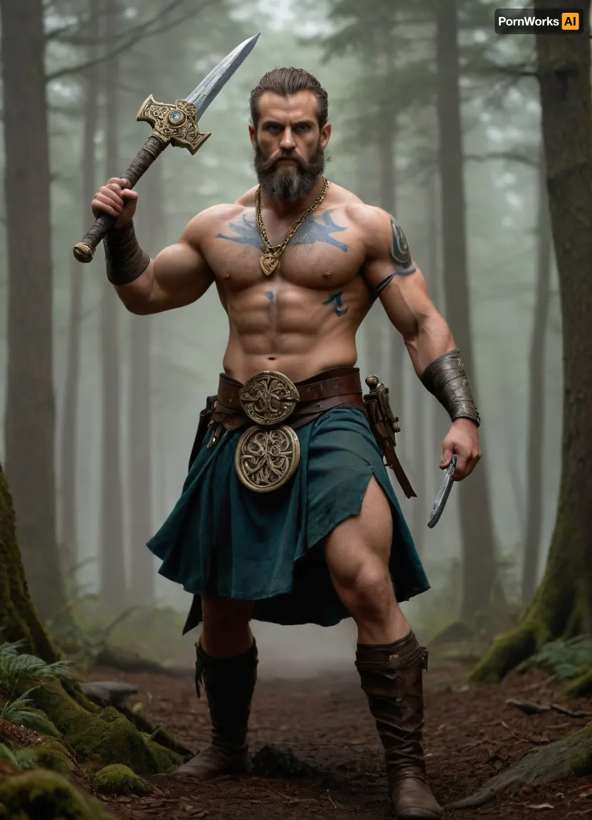 Modern colored pencil sketch, A fierce, muscular Celtic warrior, barechested with intricate blue woad body paint, a rugged beard, and a primitive necklace, holding a golden short sword raised high in one hand and a gold-bladed axe in the other, wearing a kilt-like garment of fur and green cloth, with a large ornate belt buckle showcasing a triskelion symbol, and primitive leg wraps and shoes, charging dynamically with a battle expression. During a battle in a dense, misty forest with numerous blurred, silhouetted warriors in the background, suggesting a chaotic melee. Fantasy art, Digital Painting, Epic Fantasy, inspired by historical Celtic art. Natural lighting, slightly diffused due to mist, focusing on the central figure with dramatic highlights. Full body shot, slightly low angle to emphasize power, dynamic action pose. Intricate details on body paint and attire, aggressive expression, realistic texture on fur and weaponry, atmospheric background with sense of movement, high fantasy, ancient warfare, colored, contrast, tone, texture, details, stylish, elegant