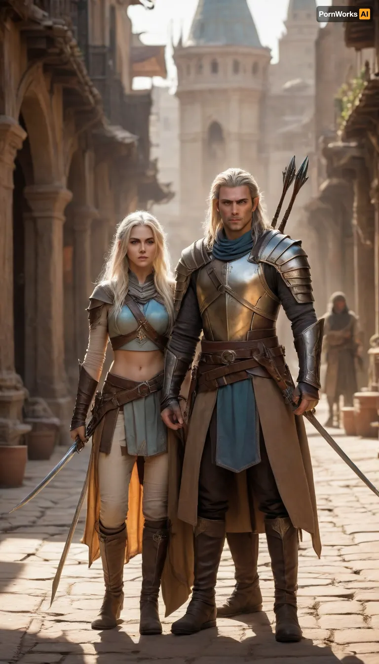 tall and lean male high elf rogue-fighter with sun-bleached hair and piercing ice-blue eyes, and a cunning female elf rogue with sun-kissed skin, copper-streaked dark hair, and sharp amber eyes, both clad in lightweight leather armor in muted desert tones. They move in perfect unspoken coordination through the shadows of a sandstone alley, Elandros with a finely crafted longbow and black-fletched arrows, the rogue with a curved Kathiri dagger in hand. Dust swirls in the hot evening wind as golden light spills across the domes and minarets of the bustling market district behind them, the air thick with spice and tension, ultra-realistic cinematic fantasy art