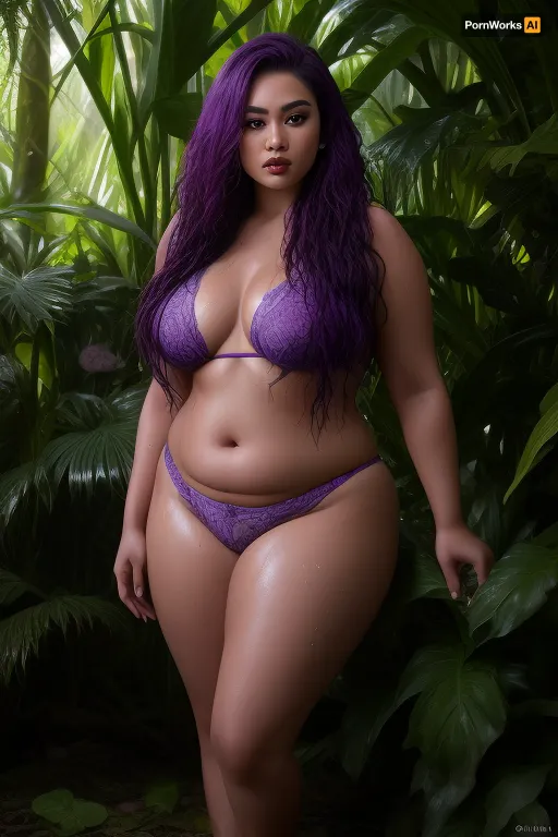 0509 A plus-size Hawaiian woman with flowing, vibrant purple hair, standing confidently in a lush, overgrown jungle garden. Her attire is a fusion of traditional Hawaiian patterns and edgy, urban streetwear. she is completey with water soaked. soaked hair, soaked face, soaked body and soaked clothes. Dewdrops glisten on oversized leaves and exotic flowers. The atmosphere is dreamy and romantic, with soft, ethereal light filtering through the dense canopy. Photorealism with a touch of Art Nouveau elegance, detailed rendering, professional photography., skindentation, bbw, venus, body, big, chubby, WhitishCherry, <lora:WhitishCherry:1.4>
