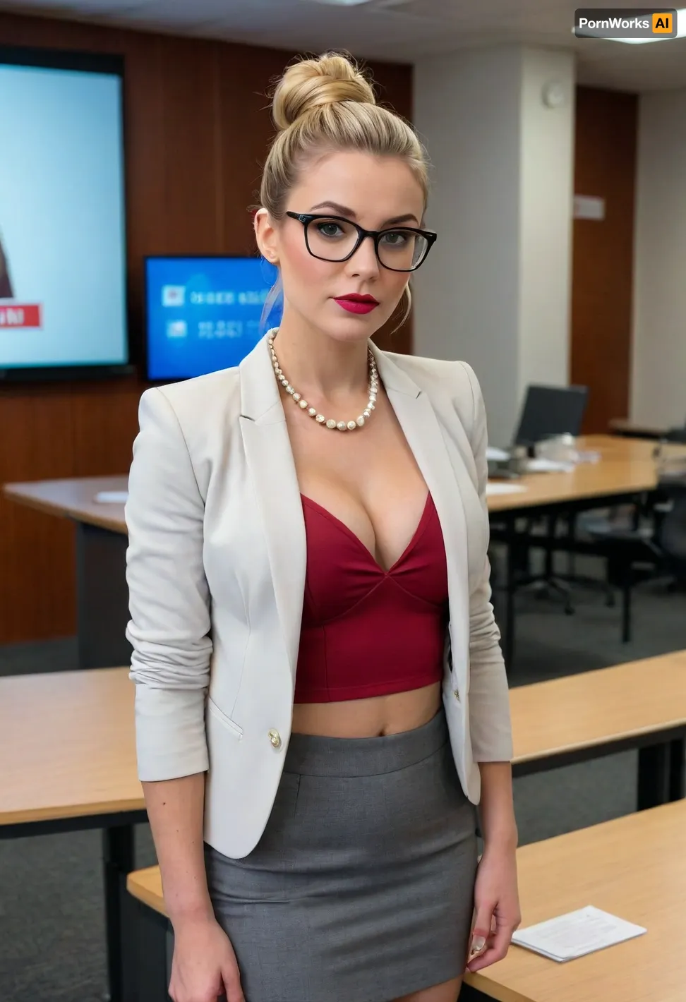 view towards the screen, athletic bustygirl, blonde babe, in an empty lecture room standing infront of a screen doing a presentation showing a GIS on a large screen, closed laptops on table, secretary, grey blazer, grey micro skirt, smooth pussy, white blouse, cleavage, showing smooth pussy, black nylons, stockings, glasses, pearl necklace, earrings, elegant makeup, glossy lips, blonde hair, red highlights, hair bun, smooth skin, very deep cleavage, no bra