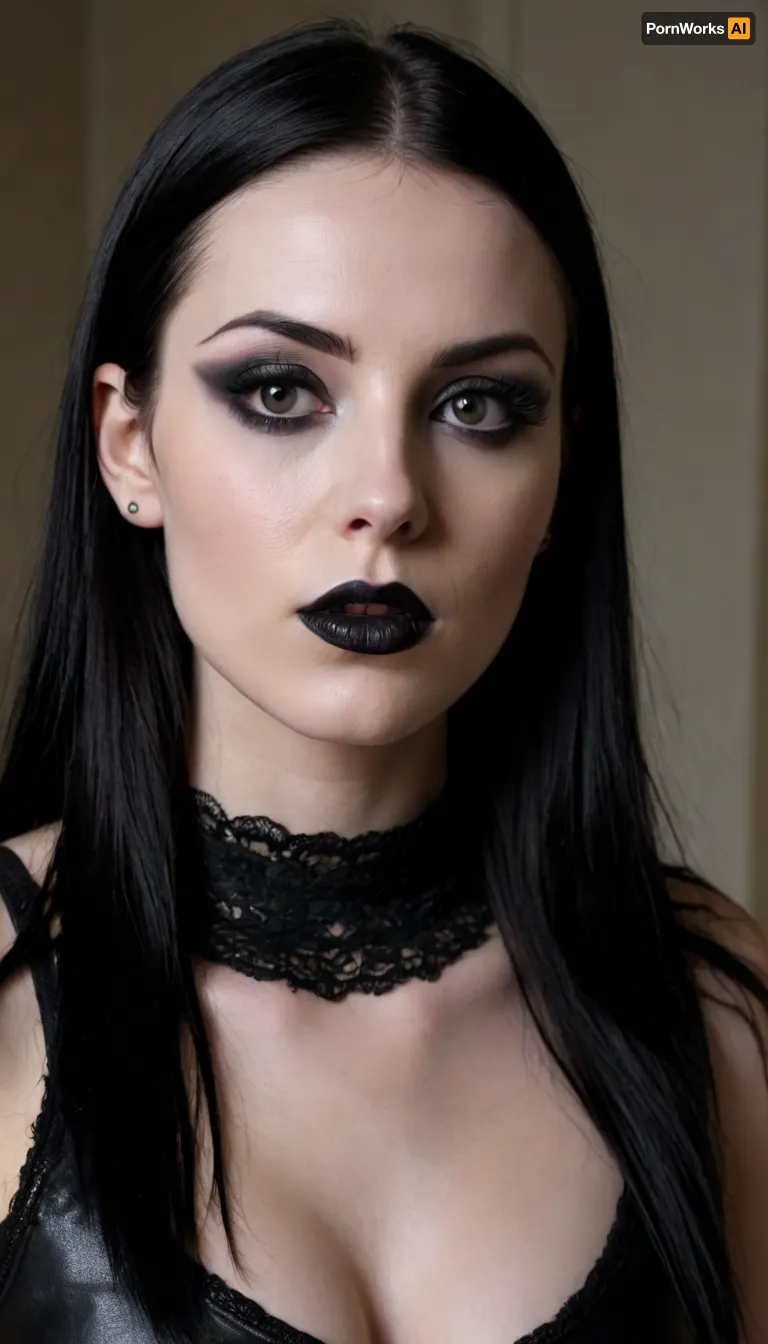 skinny white caucasian girl with dark straight long black hair without bangs, goth, punk rock style, she has extreme dark hazel eyes, wearing lots of black eye makeup with sharp black points at the corner of her eyes, dark lipstick