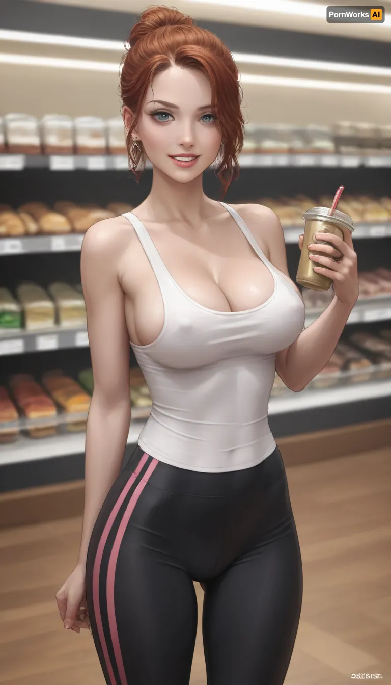ziprealism, score_9, score_8_up, (amateur candid snapshot), (mischievous grin, playful eye contact, perfect eyes), (slender), (long auburn hair, center-part hairstyle), (tight tank top, tight yoga pants), (large breasts, teasing cleavage, nipple slip), (wide hips, thigh gap), grocery store