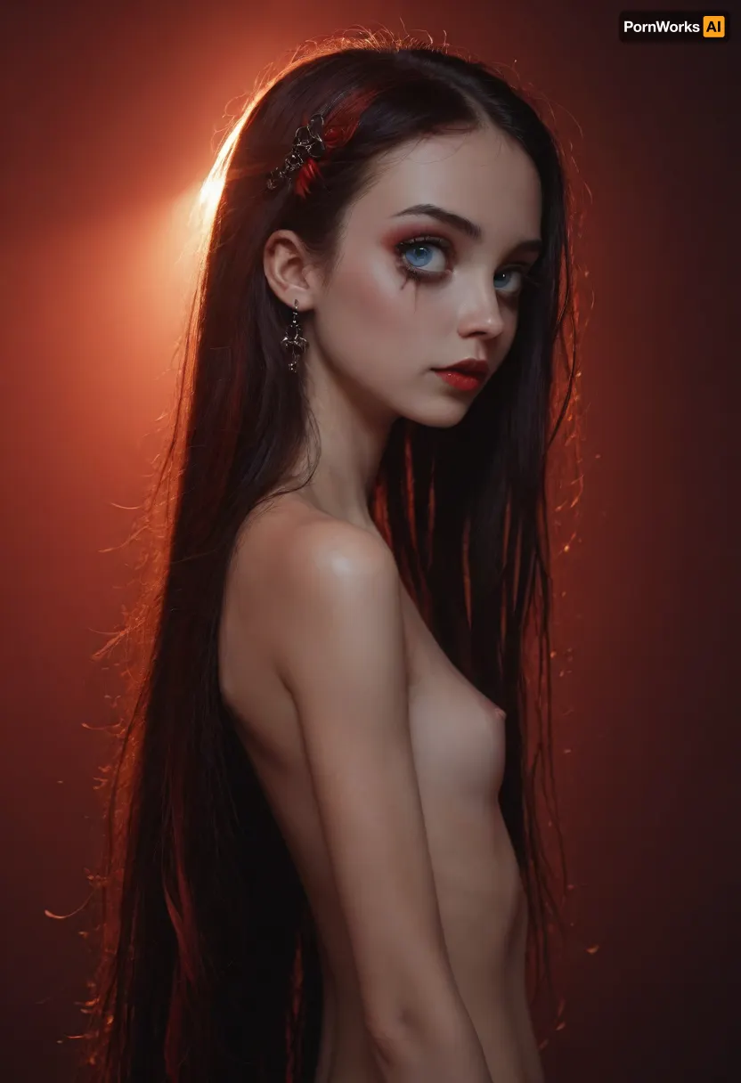 1girl, gothicstyle, (fully nude), (skinny:1.5), very long hair, dark purple hair, red goth accessories, red goth makeup, beautiful eyes, bright colors, high contrast, vivid lighting, rating_safe, BREAK, sapphire blue eyes, dark red gradient background, red backlighting, sit on the lap of fat old man, old man grab her ass, girl kiss oldman