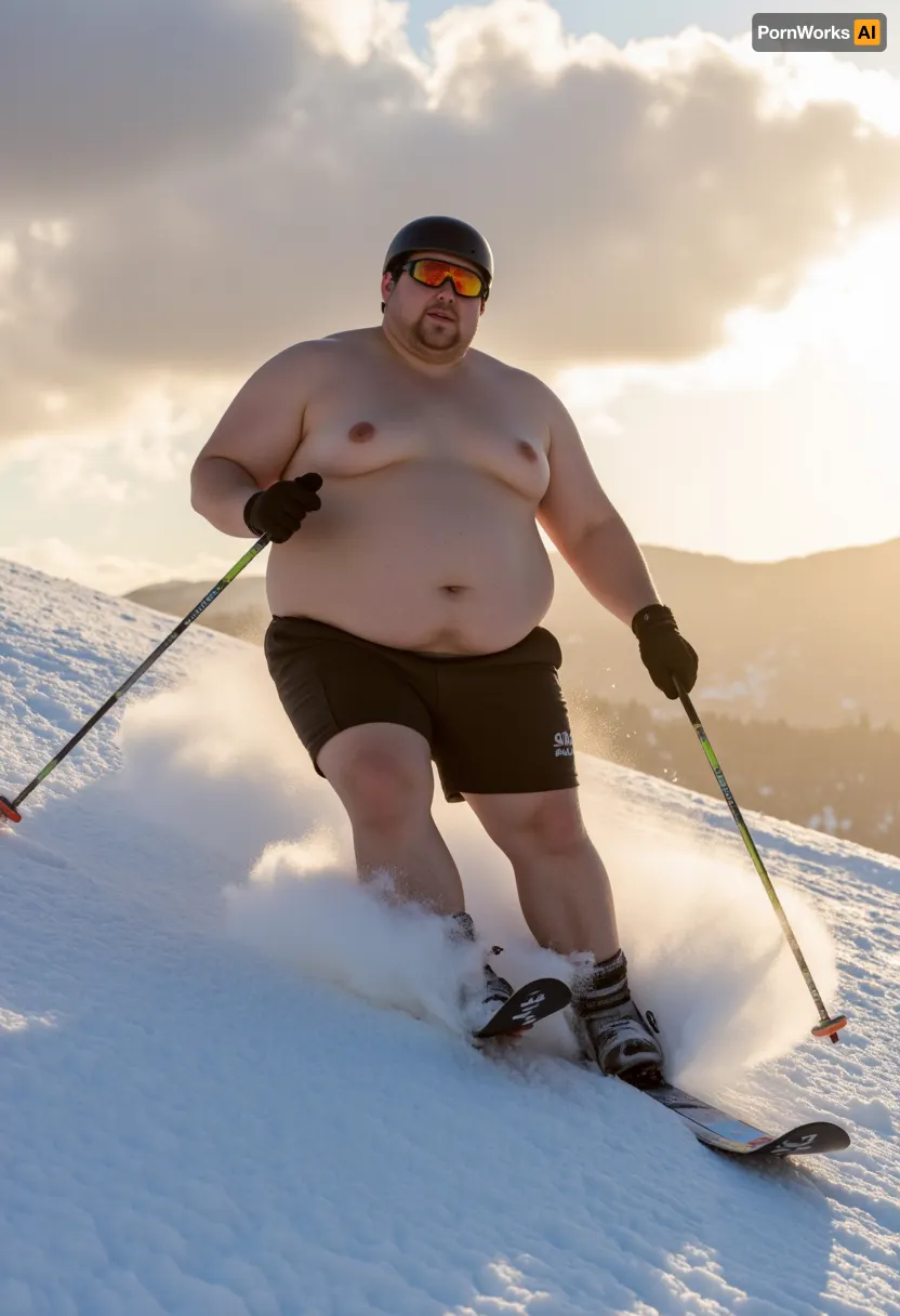 An extremely obese man, dressed in sports shorts, wearing ski goggles and a ski helmet, skiing on an Alpine slope, carving a turn with snow flying out from under the skis, dutch angle shot, dynamic action shot, motion blur, fast movement, volumetric clouds, golden hour, setting sun