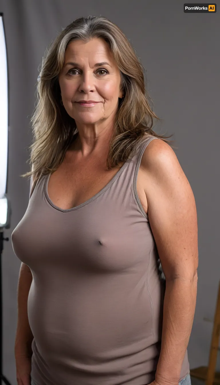 (Brunette ssbbw Gilf:1.4), beautiful 60 year old woman stood in a, (photography studio:1.6), (perfect studio lighting), (obese:1.5), drooping, saggy, (smile:1.3), (full body shot), (detailed skin:1.8), (long brown straight hair with gray highlights:1.3), (big eyes:1.3), (detailed eyes), (chubby face:1.3), wearing a lowcut v-neck sleeveless T-shirt, braless, Wearing, clothes, that, make, sense, with, Braless>, <lora:bralessSDXL_v1_00022:.5>, <lora:MJ52:.2>