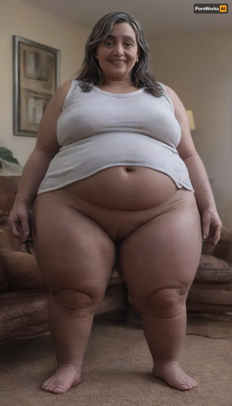 (Brunette ssbbw Gilf:1.4), beautiful 60 year old woman stood in a, (living room:1.6), (perfect studio lighting), (obese:1.5), drooping, saggy, (smile:1.3), (full body shot), (detailed skin:1.8), (long brown straight hair with gray highlights:1.3), (big eyes:1.3), (detailed eyes), (chubby face:1.3), wearing a lowcut v-neck sleeveless T-shirt, braless, Wearing, clothes, that, make, sense, with, Braless>, cameltoe, <lora:bralessSDXL_v1_00022:.5>, <lora:MJ52:.2>