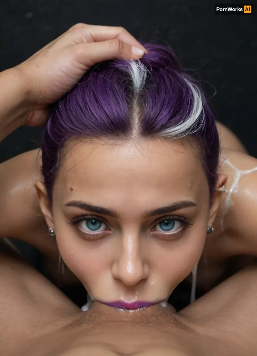 goth, (Pakistani), hottie, light blue eyes, purple hair, white highlights, ((purple lipstick)), leaning forward, black background, front view, close up, top down, view, outline, (shaved hairstyle), (clear bodysuit:.5), pov, (deepthroat:1.4), sucking cock, brown skin, (covered in white goo), wet from goo, (mouth leaks white goo:1.6), eyebrows arched, eyes wide