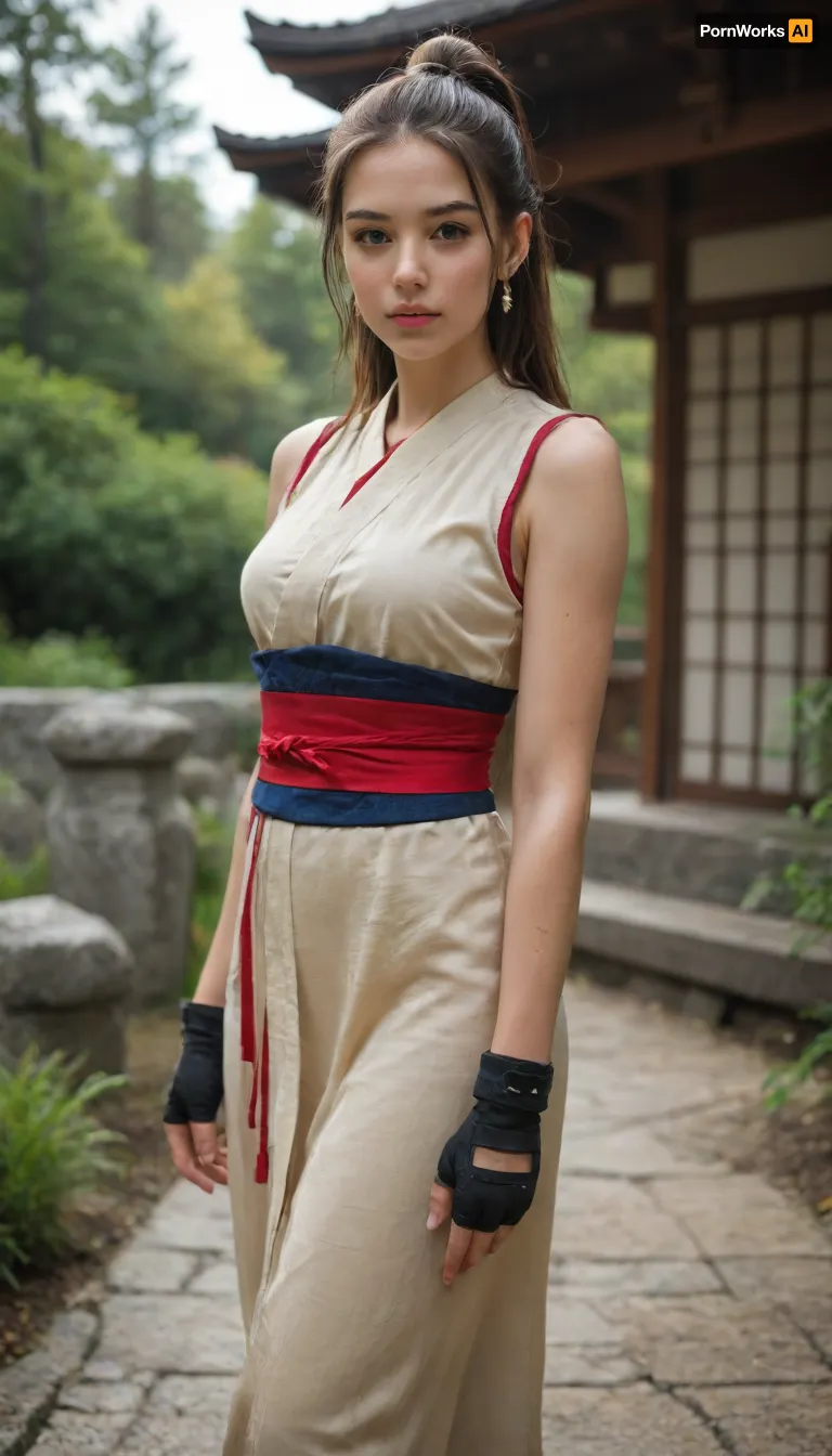 masterpiece, best quality, 32k, high resolution, absurdres, deep of field, focused subject, 1woman, adult, tall slender body, maishirandg, Brown hair, brown eyes, high ponytail, long hair, japanese clothes, sleeveless, sash, fingerless gloves, toeless footwear, looking at viewer, cowboy shot, dynamic angle, on japanese temple, long eyelashes, maskara, makeup, outdoors, detailed background, day light, highly detailed, rim light, dramatic lighting, artist, moriimee