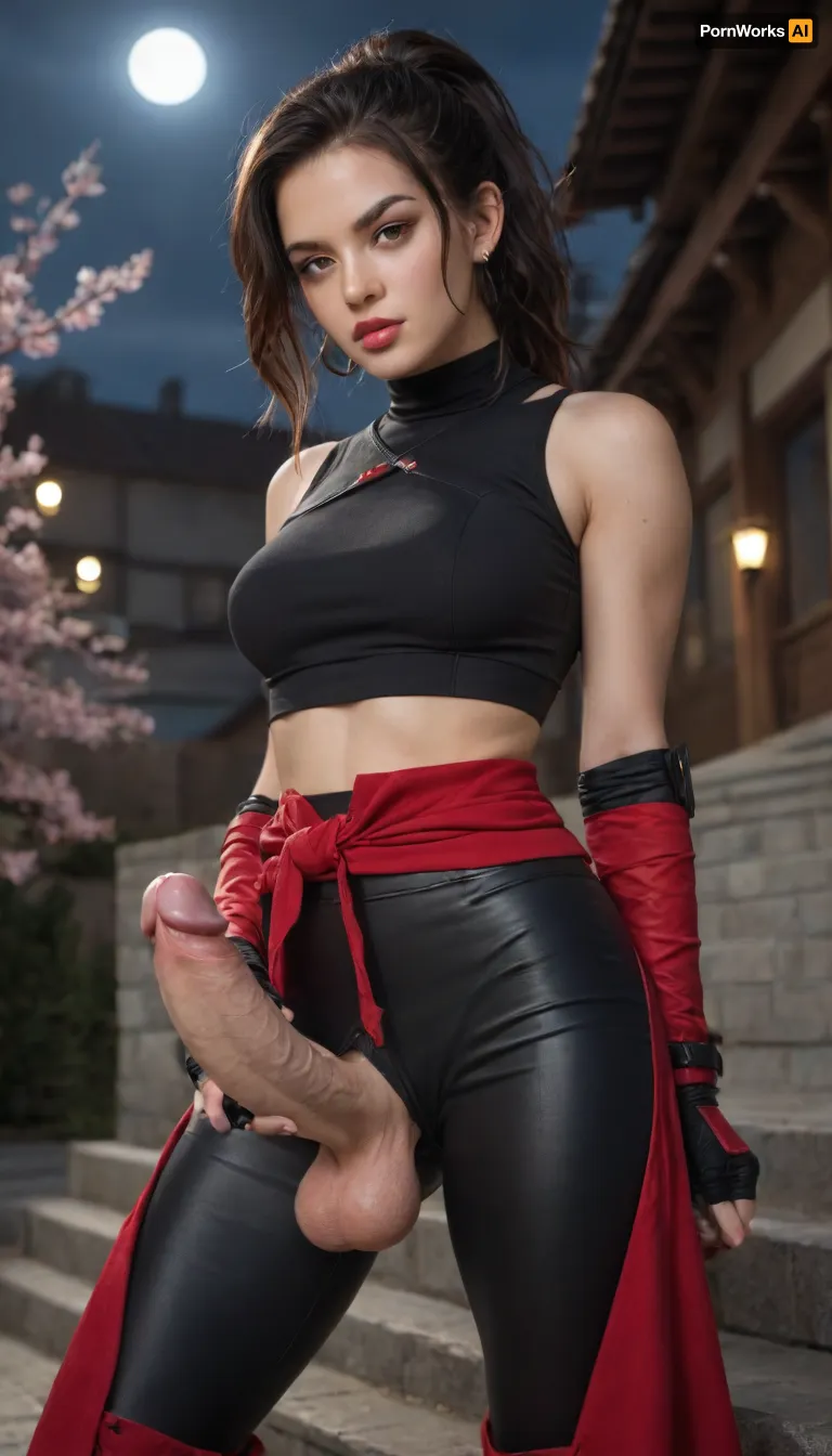 score_9, score_8_up, score_7_up, RAW photo of 1girl, anime-style illustration of a young woman inspired by Rei from Ninja Gaiden, (1988), faithfully reimagined in her canonical kunoichi assassin design. She has long, raven-black hair tied in a high ponytail, sharp, crimson-red eyes, and a fierce, focused expression. Her detailed face features flawless, pale skin, delicate yet strong features, and deep, scarlet lips. The detailed eyes burn with intensity and determination.
She wears her iconic form-fitting black-and-red ninja outfit, including a cropped top, tight leather pants, and shinobi tabi boots, crouched on a rooftop in the dead of night. The background reveals a full moon casting shadows, cherry blossoms drifting in the wind, and the silhouette of a rival ninja clan lurking below, a seductive, deadly tribute to the classic NES kunoichi, blending lethal grace with retro ninja mystique., ((cowboy_shot)), (((half body view))), ((upper body view)), (big penis:1.1), (erect penis:1.5), (masturbation:1.1), (futanari:1.3), (covered in cum:1.1)