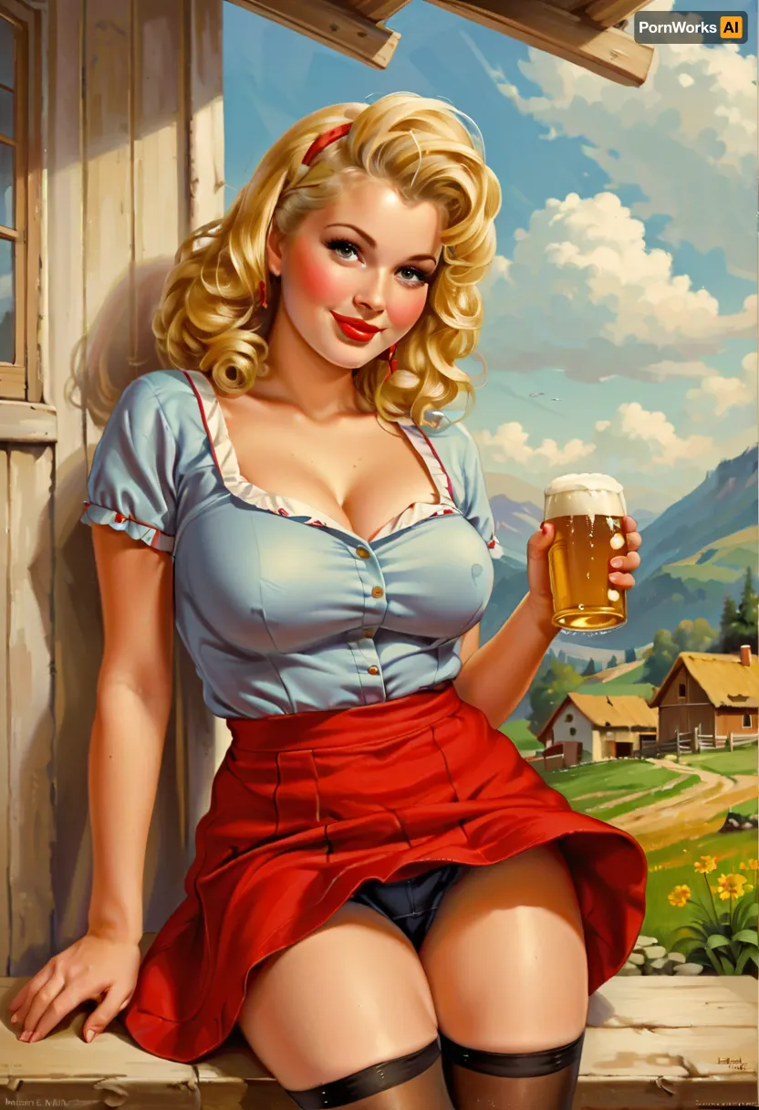 ((Up skirt, from below:1.5)), . A pin-up illustration depicting a young village woman in a retro style from the mid-20th century. She is depicted in full height. She has large, expressive eyes, fair skin, soft, wavy hair in a 1950s hairstyle, and a cheerful or playful expression on her face., 1 village girl, vibrant young Bavarian village girl, sitting, serving mugs of beer, white skin, very cute, happy smiling face, (blonde hair), (medium length hair), . The illustration is made in the traditional pin-up style, (like by Gil Elvgren), with warm tones and gentle shading, sagging, Frame, one, breast, out, <lora:sagging-000015:2>, <lora:tbh210-sdxl:1.5>, <lora:one breast out XL:.8>