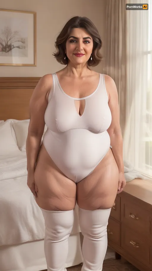 ((Front view)), photorealistic, obese bbw 60 year old mature fat BBW GILF with beautiful eyes, big hips, wide hips, thick thighs, very chubby, (FUPA:1.2), ((Nikon Z8)), realistic matte skin, skin texture visible, (sharp focus), (high quality), (face visible), ((Detailed Face and Eyes)), 8k high definition, ((Armenian woman)), ((mid length brunette hair)), ((stunningly beautiful woman)), ((sexy woman)), ((wearing sleeveless v-neck white cotton long leotard, high waist jeans:1.3)), ((smiling)), ((plump pubis, fupa)), sagging, ((pokies)), ((hotel room background)), (((perfect lighting))), (((looking at viewer))), (((chubby face:1.5))), (((round face:1.2))), (RAW photo:1.2), (photorealistic:1.4), (masterpiece:1.4), (best quality:1.4), ultra high res, ((detailed facial features)), HDR, 8k resolution, depth of field, intricate details body, long range focus, long distance view, ((full body view:1.5)), 8k professional modelshoot style high definition, full body visible, detailed face, round face, a realistically designed face, tt_saggy, tt_flat, <lora:age_slider_v20:1.1>, <lora:tt_saggy:.3>, <lora:BGV5EX:.8>