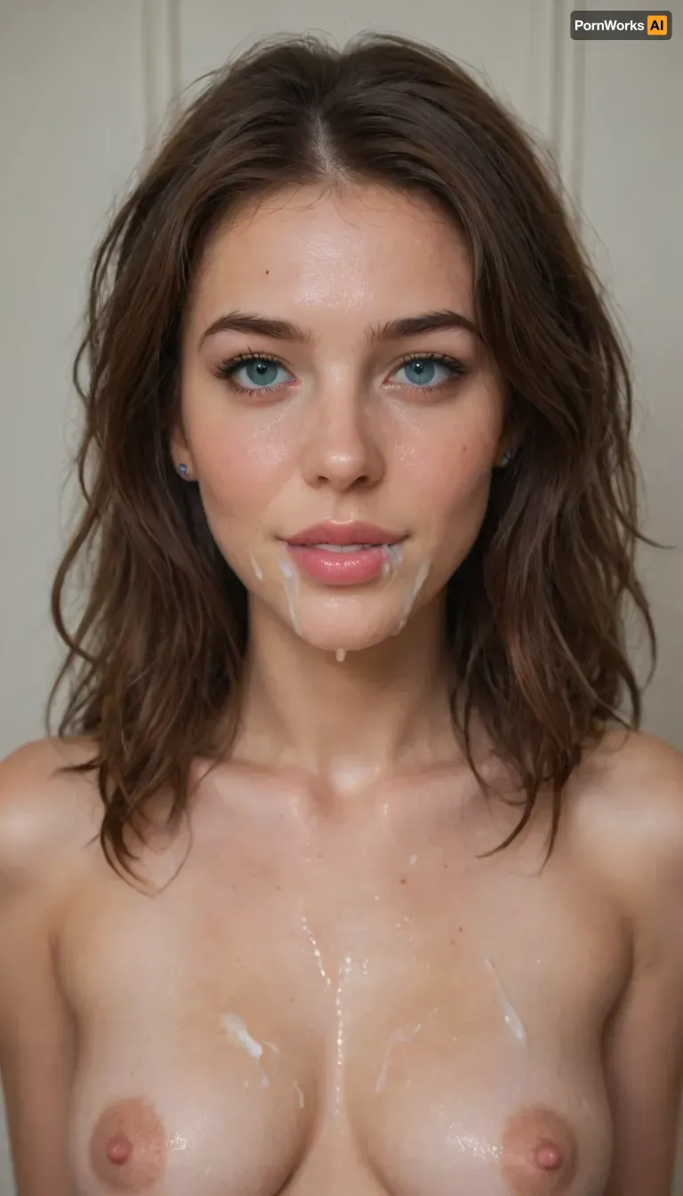 super close shot of bukkake, (viewed from side), happy open smile, hd detailed dark grey/green/blue coloured eyes and iris, ((fluffy long wet hair)), long runny thick cumshots, facial portrait picture of her face in cum facial, with natural minimal makeup, (looking at viewer), a lot of Cum on her face and between her perky saggy pointy medium wide_set pert breasts, (huge perky puffy areola and long thick conical extra puffy nipples visible), cum on her eyelashes, Cum on her eyelids, Cum on her cheeks, her face covered with Cum, Cum on her pink lips. cum on her hair, cum in mouth, (brunette haired, aged 37, older, 37yo), woman, cum, on, face, facialized, superfacialized, <lora:JustCum:1.4>, <lora:facialized:1.4>