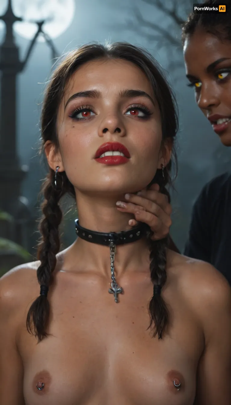 (((two 18 year old African American vampire girls))), black skin, neck bitting, midevil, glowing red eyes, black eyeshadow, sad face, closed mouth, one with black hair with rainbow hair, ponytails, red lipstick, blood dripping out of the corners of the mouth, vampire, vampire teeth, in a dark graveyard, bound in chains, nipple rings, earrings, collar, perfect tiny breasts, Subspecies, style, EdobVampWoman, <lora:Subspecies style:.8>, <lora:EdobVampWoman_XL_v1.0:.8>