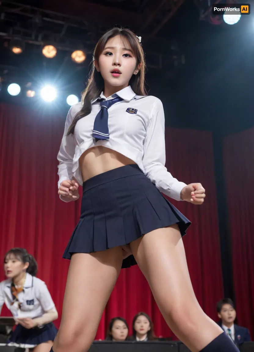 Asian, Korean, hot k-pop star in sexy schoolgirl outfit sings on stage dancing, sexy lewd school uniform, accidentally revealing naked pussy, pussy visible, beautiful realistic pussy, view from very low angle, view from below, full-lenght image, whole body in view
