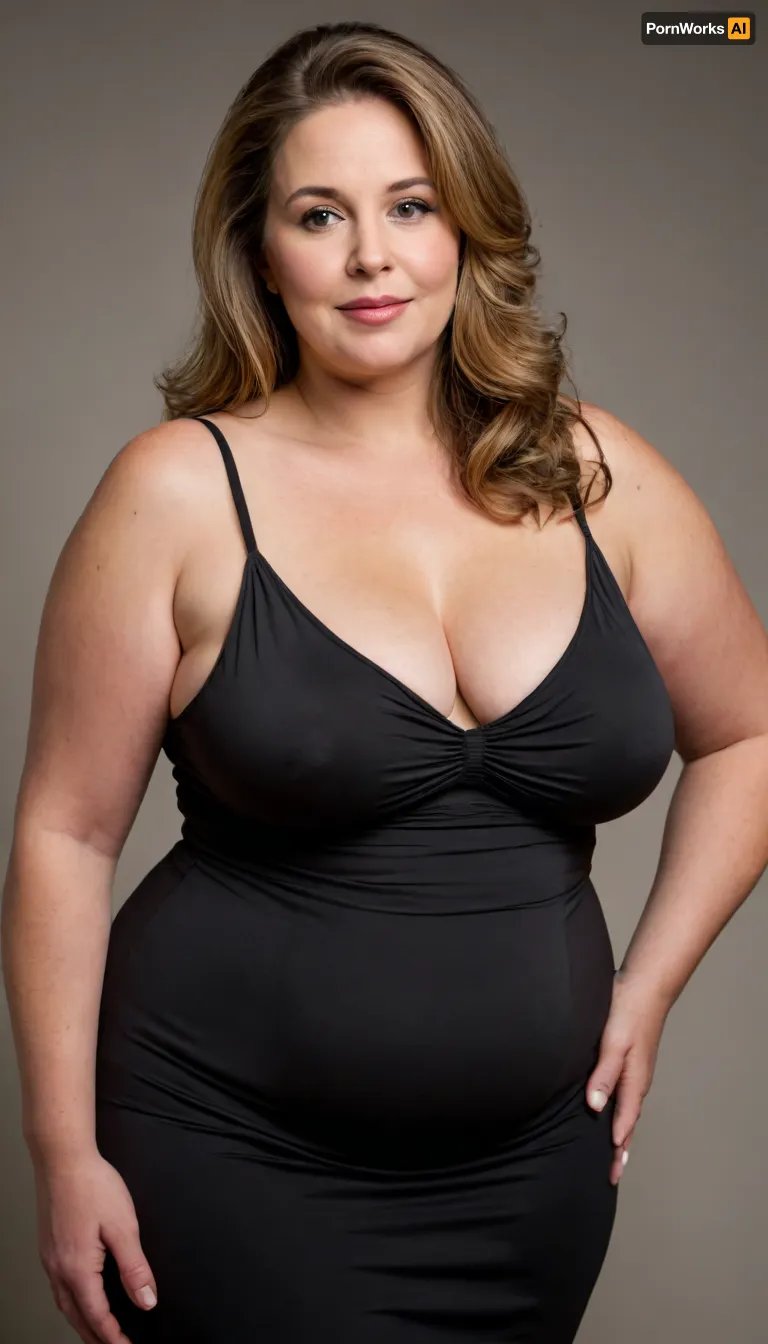 The image features a 60 year old mature European woman with straight, light brunette hair with highlights that falls to her shoulders. Her face is full with a plump complexion, yet her features remain well-defined. She has soft, full lips that curve into a sexy smile, and her eyes, which are a light color, maintain direct and captivating eye contact with the viewer, conveying a sense of seduction and approachability. Her body type is curvy and plump, (obese:1.5), pear shaped figure, with big, hips, and plump, waist, accentuated by the, (sleeveless black spaghetti strap black minidress), she is wearing. The dress highlights her figure and is revealing, and the fabric is thin and light. She stands in a profile pose, angled slightly, which emphasizes her curves and plump body. The lighting in the image is soft, suggesting a studio setting with professional illumination. RAW photo, subject, ultra-realistic lifelike high definition portrait of a mature exotic European woman, chubby face, plump facial features, juicy soft full lips with a beautiful smile, captivating light-colored eyes maintaining seductive direct eye contact with the viewer, obese plump and curvy body type, 8k uhd, soft lighting, high quality, film grain, Fujifilm XT3, dynamic angle, (high detailed skin:1.1), professional studio photography, serene, sexy, erotic mood, detailed