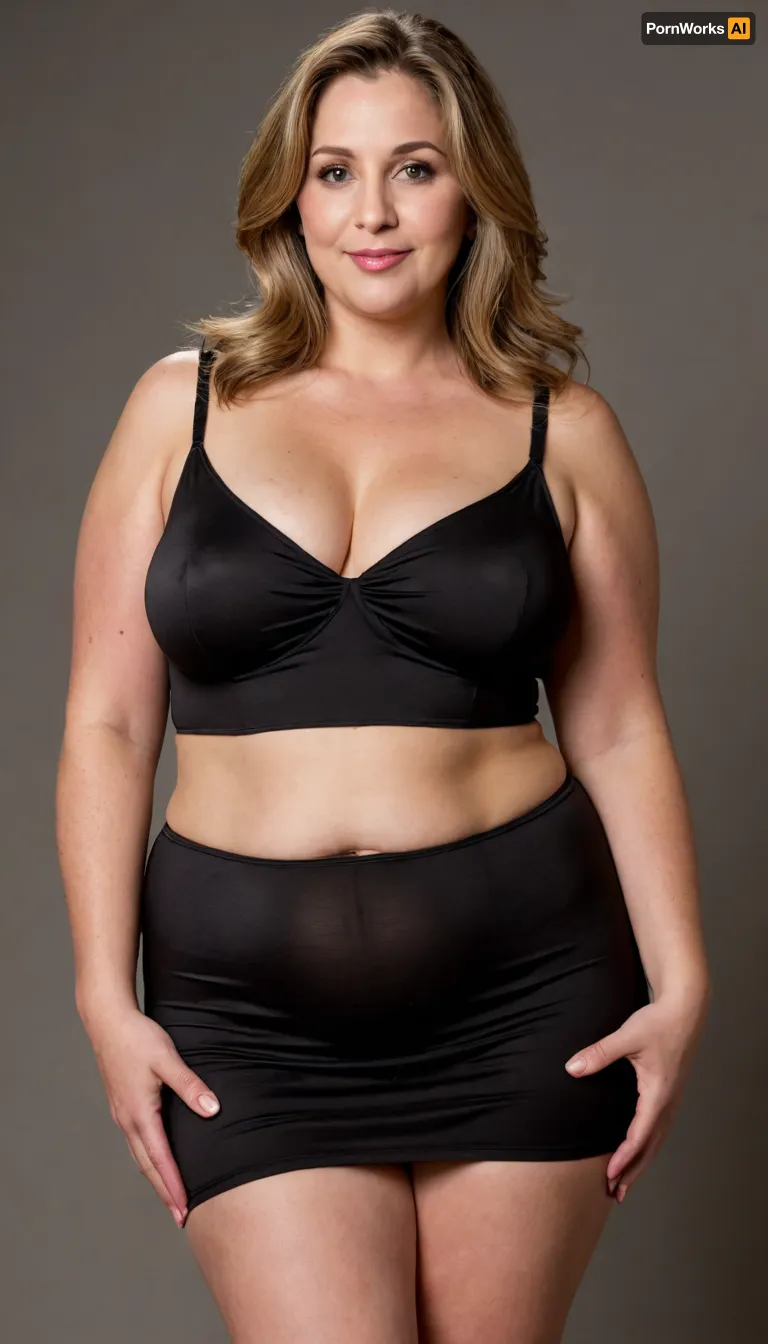 The image features a 60 year old mature European woman with straight, light brunette hair with highlights that falls to her shoulders. Her face is full with a plump complexion, yet her features remain well-defined. She has soft, full lips that curve into a sexy smile, and her eyes, which are a light color, maintain direct and captivating eye contact with the viewer, conveying a sense of seduction and approachability. Her body type is curvy and plump, (obese:1.5), pear shaped figure, with big hips, and, plump waist, plump pubis, accentuated by the tight, black spaghetti strap minidress she is wearing. The dress highlights her figure and slightly revealing, and the fabric appears thin. She stands in a profile pose, angled slightly, which emphasizes her curves and plump body. The lighting in the image is soft, suggesting a studio setting with professional illumination. RAW photo, subject, ultra-realistic lifelike high definition portrait of a mature exotic European woman, (light brunette balayage straight shoulder-length hair with highlights:1.2), chubby face, plump facial features, juicy soft full lips with a beautiful smile, captivating light-colored eyes maintaining seductive direct eye contact with the viewer, obese plump and curvy body type, 8k uhd, soft lighting, high quality, film grain, Fujifilm XT3, dynamic angle, (high detailed skin:1.1), professional studio photography, serene, sexy, erotic mood, detailed