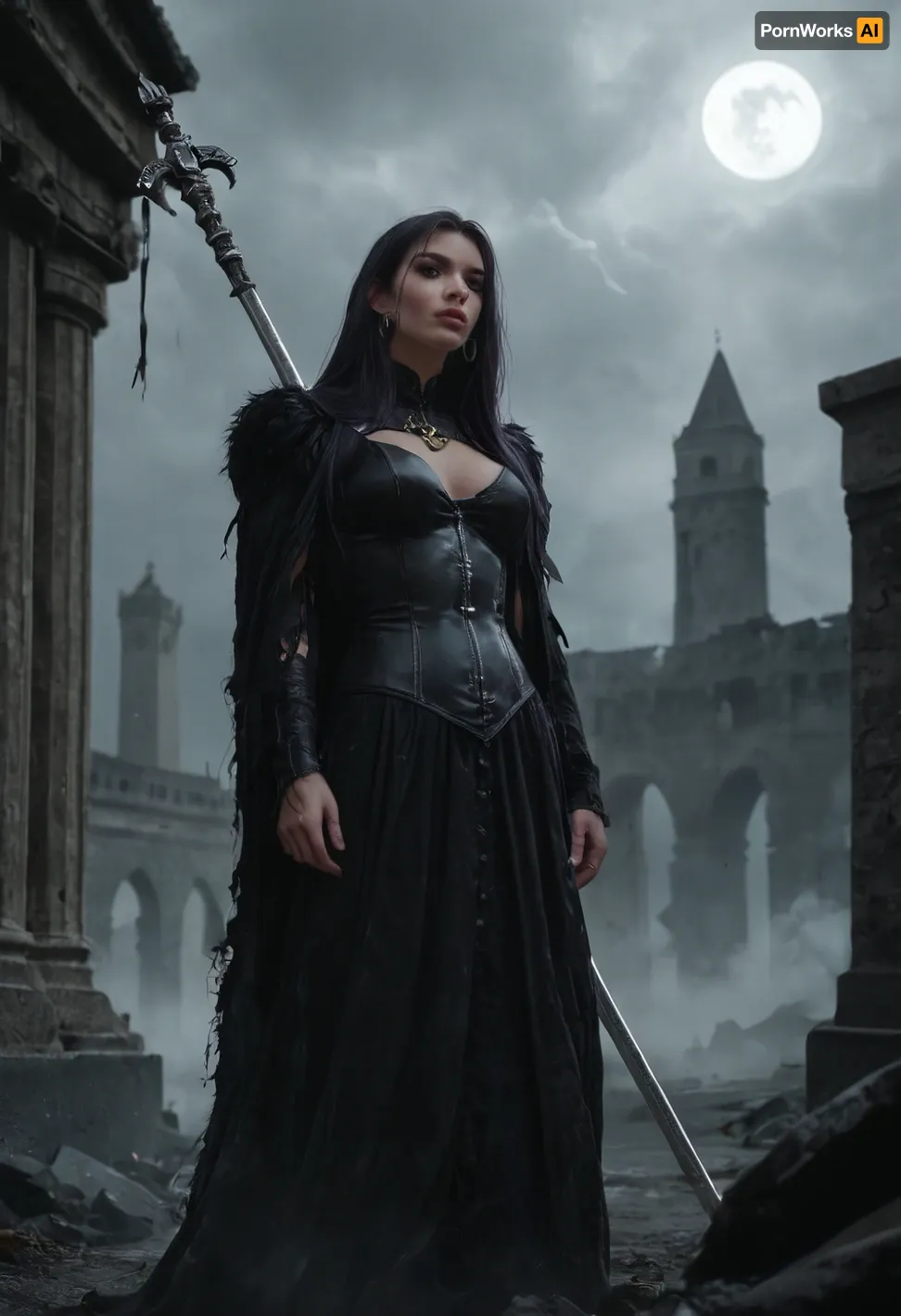 Dark and fearsome female champion of Shar, chosen warrior of the Mistress of the Night, tall and commanding with an athletic build. Pale violet-tinged skin, long flowing raven-black hair, piercing glowing violet eyes full of cold resolve. Wearing sinister black and deep purple armor engraved with crescent moons and shadow runes, flowing tattered cloak that trails into darkness, Shar’s black disk holy symbol glowing faintly at her chest. Armed with a jagged shadow-forged sword or staff radiating void energy. Standing in a temple of shadow or on a battlefield under a starless sky, tendrils of darkness swirling around her. Ultra-realistic high fantasy art, highly detailed, cinematic dark divine atmosphere, ominous and majestic.