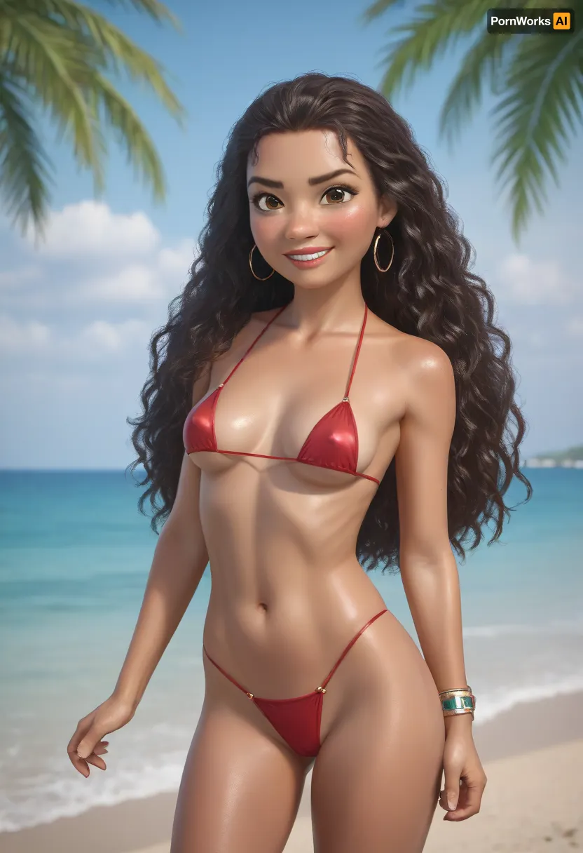 Moana, Disney heroine, adventurous Polynesian woman, strong and confident, warm brown skin, long flowing wavy dark brown hair, expressive brown eyes, determined and kind smile, medium firm breasts. Wearing red micro bikini decorated with island patterns. Standing at the shore of a tropical island with turquoise ocean waves, palm trees, and a bright sky. Cinematic, highly detailed, Disney-inspired style, vibrant colors, uplifting atmosphere.