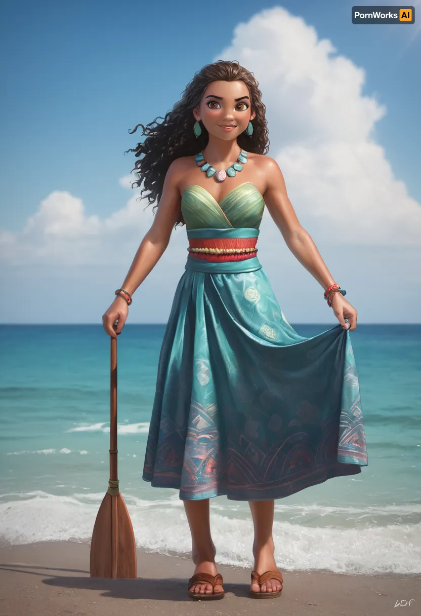 Adult Moana, Polynesian explorer and wayfinder, strong and athletic build with graceful curves, warm brown skin, long flowing wavy dark brown hair, expressive brown eyes, confident and determined expression. Wearing an updated adventurer’s outfit inspired by her Polynesian heritage, decorated red-and-cream woven top, patterned skirt with sash, shell and bead jewelry, barefoot or in simple sandals. Holding an oar or staff, standing proudly at the prow of a canoe on turquoise ocean waves with islands in the distance. Highly detailed, ultra-realistic Disney-inspired fantasy art, vibrant colors, cinematic heroic atmosphere.
