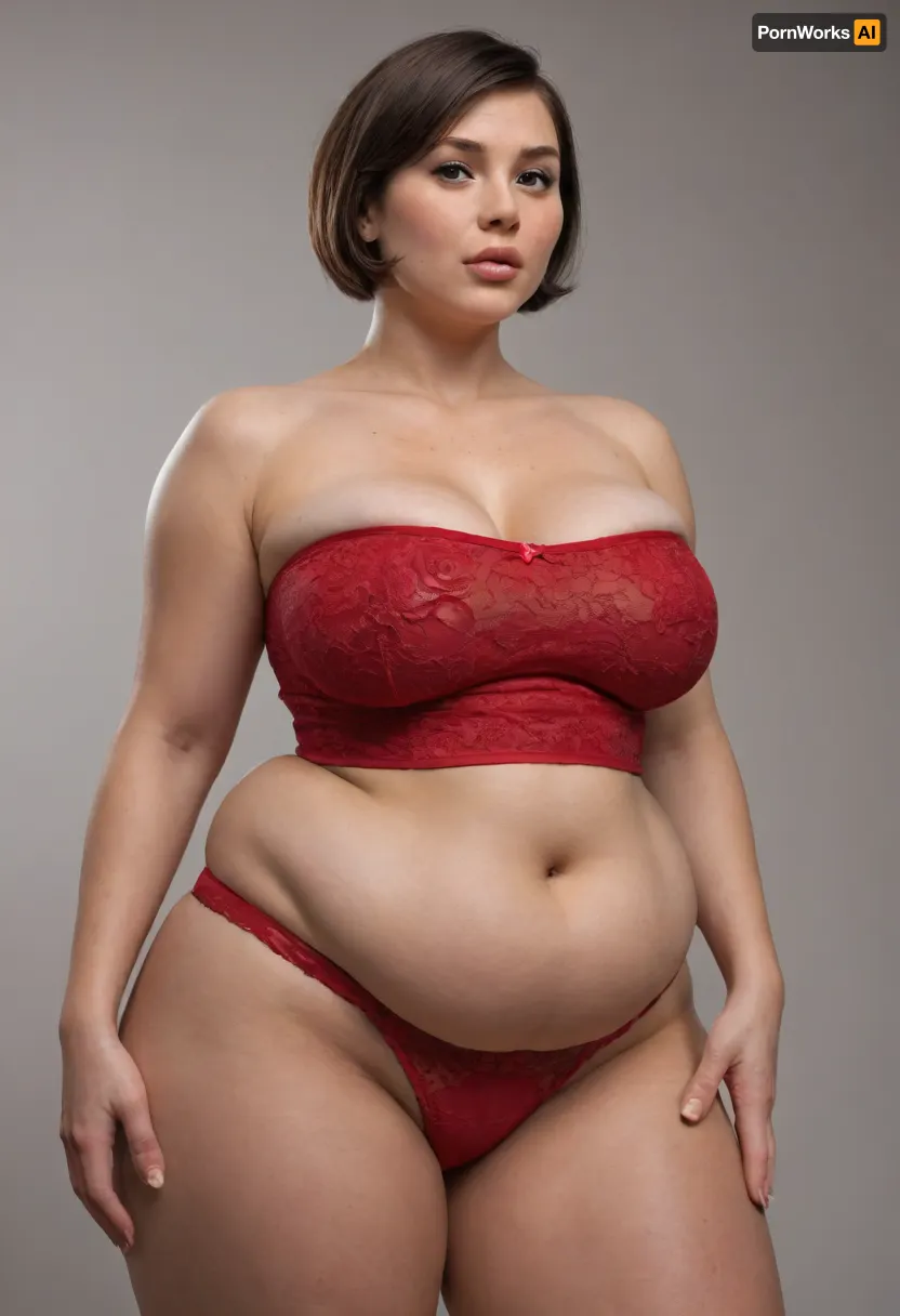 forty-year-old woman, (obese:1.5), Helen Parr, ultra detailed, masterpiece, best quality, extremely detailed, sharp focus, bob cut hair, beautiful eyes, ((braless)), ((red, sexy, wide, big, pantybriefs, full brief, high-waist, high-cut, full coverage, highleg, panties:1.3)), parted lips, full lips, plump pubis