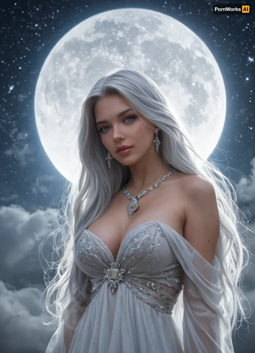 Selûne, goddess of the moon from Forgotten Realms, radiant and ethereal divine figure, tall and graceful with a celestial aura. Pale glowing skin with a soft silver-blue shimmer, long flowing silver-white hair that glitters like starlight, luminous silver eyes filled with compassion and mystery, large bimbo breasts. Wearing flowing robes of midnight blue and silver embroidered with constellations, adorned with moon and star jewelry. A glowing silver crescent moon floating above her head, surrounded by a halo of shimmering starlight. Standing in a night sky temple with silver clouds, stars, and twin moons illuminating her divine form. Highly detailed, ultra-realistic fantasy art, cinematic divine atmosphere, majestic and otherworldly.
