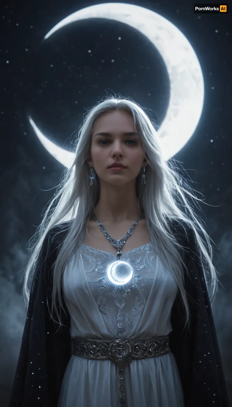 Selûne, goddess of the moon from Forgotten Realms, depicted in a darker and more solemn aspect. Tall and ethereal, pale silver-blue glowing skin, long flowing white hair tinged with shadows, silver eyes reflecting sorrow and wisdom. Wearing deep midnight-blue and silver robes embroidered with fading stars and crescent moons, jewelry shaped like twin moons. A faint silver halo glowing behind her, contrasted with tendrils of shadow creeping at the edges, symbolizing her eternal conflict with Shar. Standing on a celestial battlefield of starlight and darkness, moonlight breaking through swirling shadow. Highly detailed, ultra-realistic dark fantasy art, cinematic and mystical atmosphere.