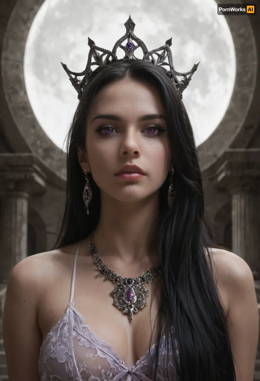 Shar, goddess of darkness and loss from Forgotten Realms, mysterious and terrifyingly beautiful, tall and commanding divine figure with an aura of shadow. Pale flawless skin with a faint violet hue, long flowing raven-black hair that moves like living shadow, piercing violet eyes glowing with cold intensity. Wearing flowing black and deep purple robes adorned with silver runes, shadowy tendrils swirling around her form. A crown of dark crescent moons above her head, black aura radiating void-like energy. Standing in a temple of shadow with obsidian pillars and starless night sky, contrasted only by faint moonlight. Highly detailed, ultra-realistic dark fantasy art, cinematic divine atmosphere, ominous and majestic.
