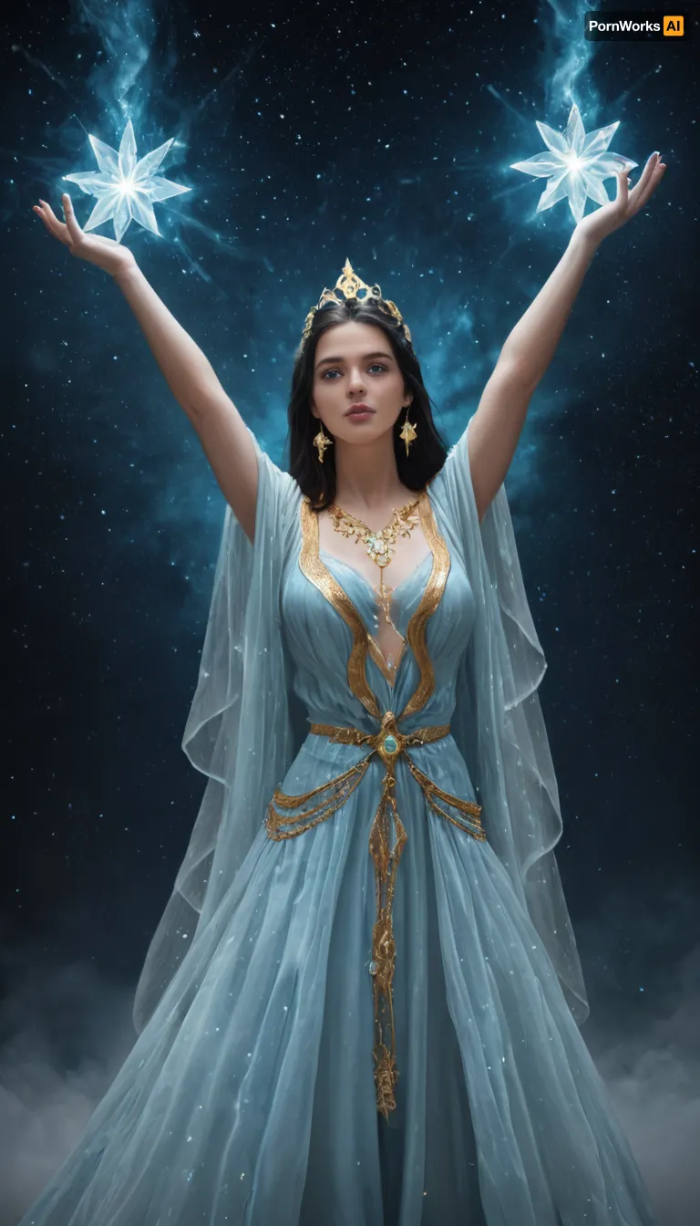 Mystra, goddess of magic from Forgotten Realms, radiant and majestic divine figure embodying the Weave. Tall and graceful with an aura of raw magical power, luminous skin glowing with faint blue light, long flowing dark hair with shimmering silver strands, piercing glowing blue eyes filled with wisdom. Wearing flowing robes of midnight blue and silver embroidered with arcane runes and stars, adorned with a radiant crown of starlight. Arcane symbols and spell sigils swirling around her hands, strands of the Weave stretching like glowing threads across the air. Standing in a celestial realm of swirling stars and magical energy, spellbooks and constellations floating in the background. Ultra-realistic, highly detailed high fantasy divine art, cinematic and mystical atmosphere.