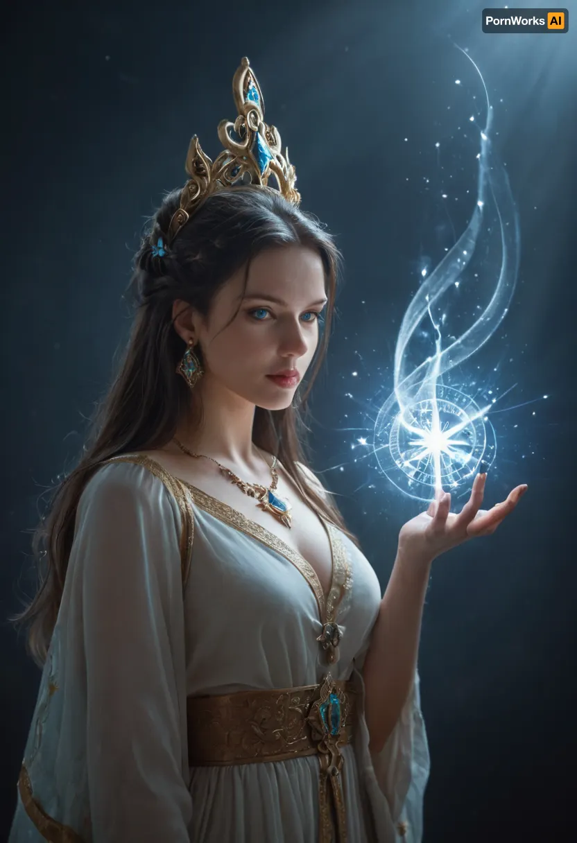 Mystra, goddess of magic from Forgotten Realms, radiant and majestic divine figure embodying the Weave. Tall and graceful with an aura of raw magical power, luminous skin glowing with faint blue light, long flowing dark hair with shimmering silver strands, piercing glowing blue eyes filled with wisdom. Wearing flowing robes of midnight blue and silver embroidered with arcane runes and stars, adorned with a radiant crown of starlight. Arcane symbols and spell sigils swirling around her hands, strands of the Weave stretching like glowing threads across the air. Standing in a celestial realm of swirling stars and magical energy, spellbooks and constellations floating in the background. Ultra-realistic, highly detailed high fantasy divine art, cinematic and mystical atmosphere.